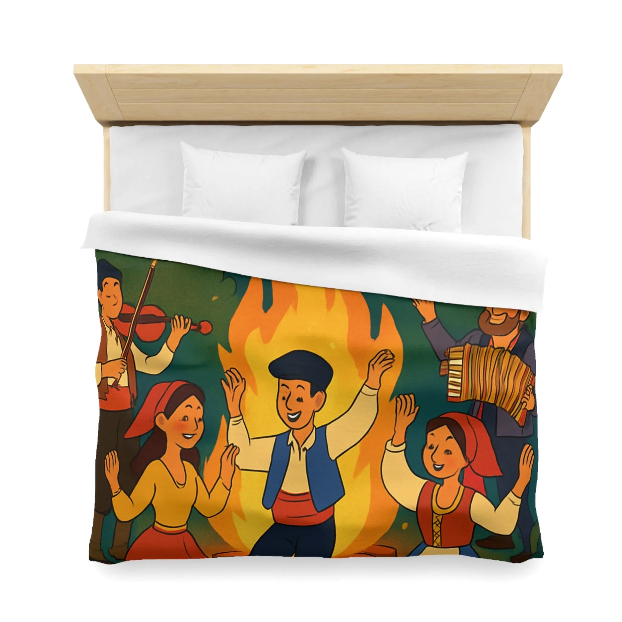 Housse de couette colorée danse folklorique autour du feu avec musiciens traditionnels