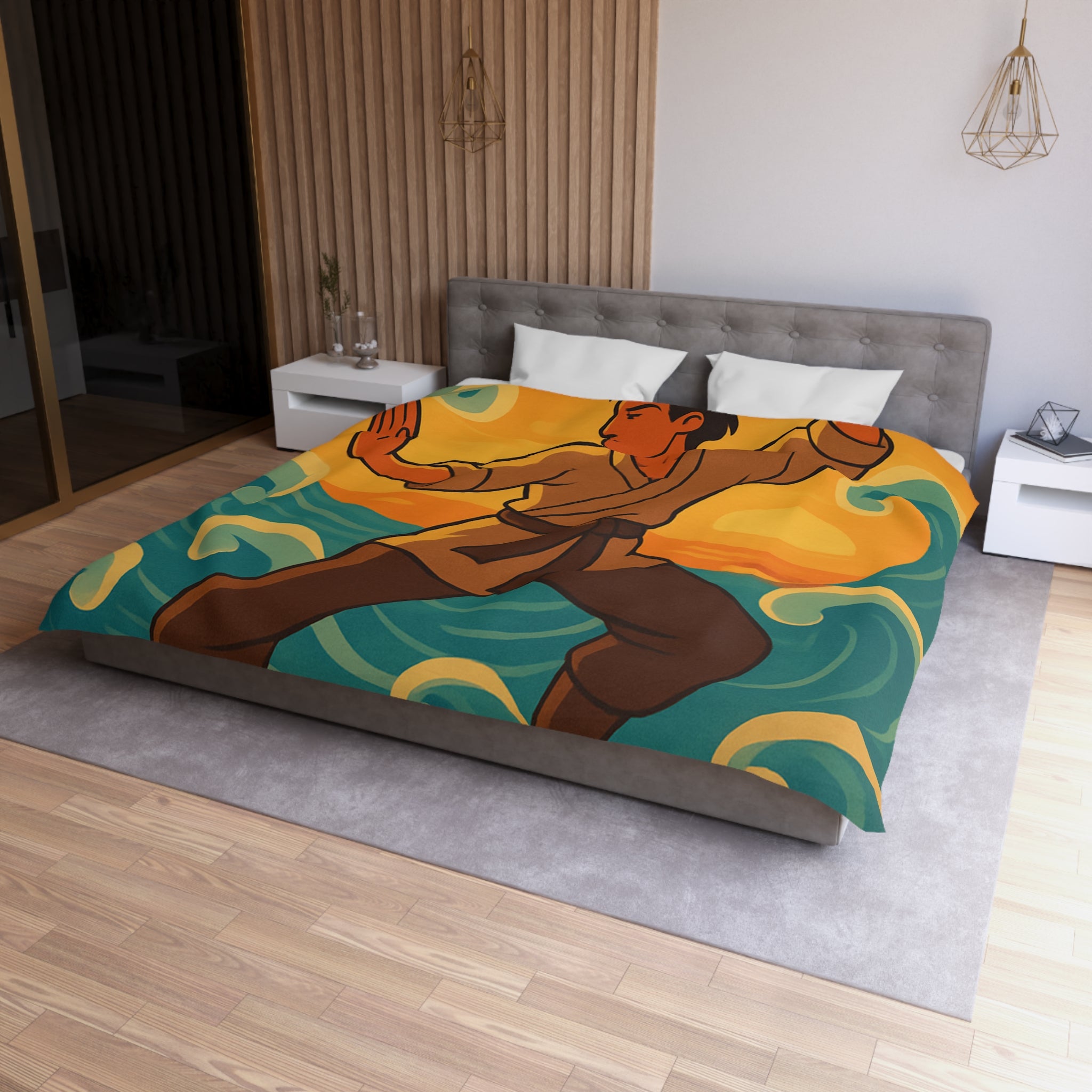 Housse de Couette Style Japonais Art Martial Coucher de Soleil et Océan Bleu