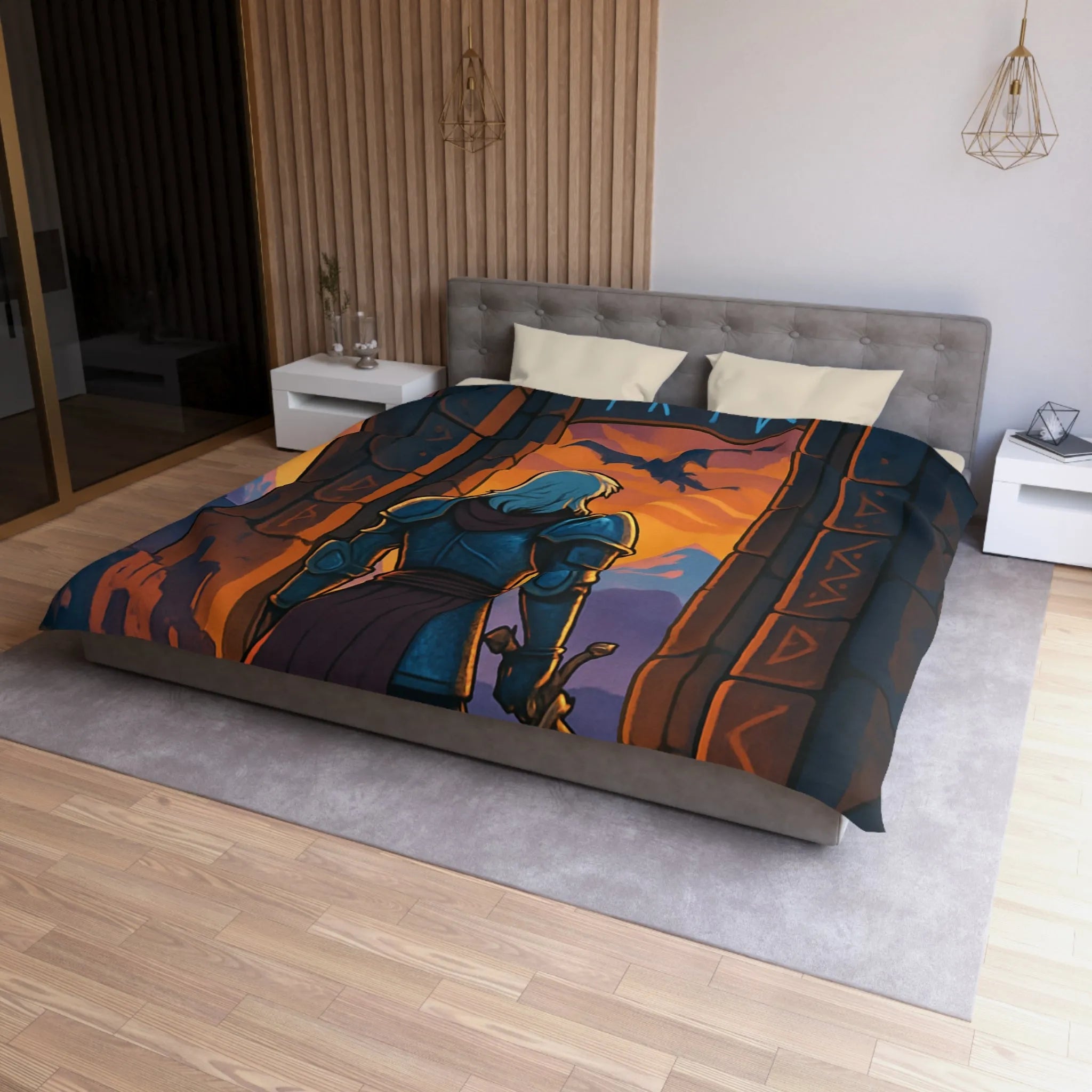 Chevalier Armé Face à Dragon, Paysage Médiéval au Ciel Orange Épique pour Chambre