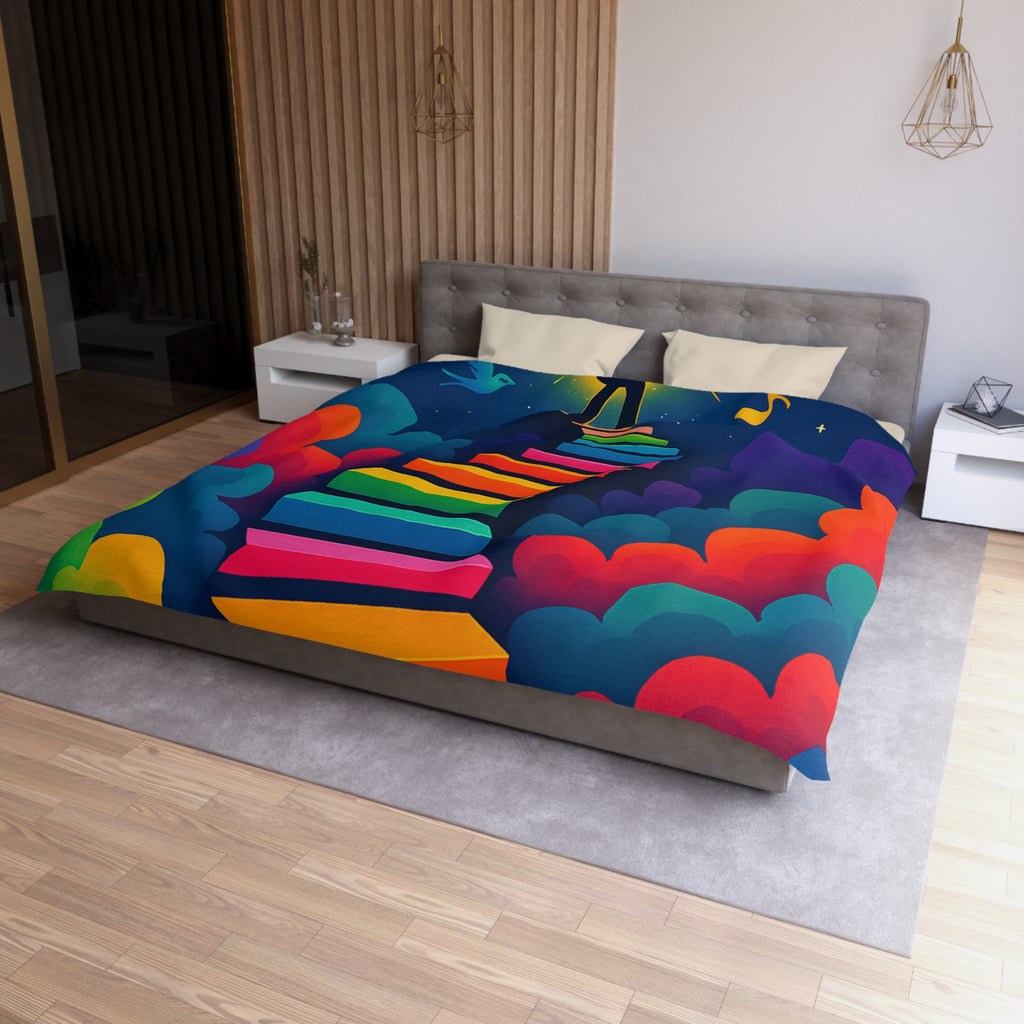 Housse de Couette Rêve d'Escalier Arc-en-Ciel avec Musicien et Oiseaux Colorés