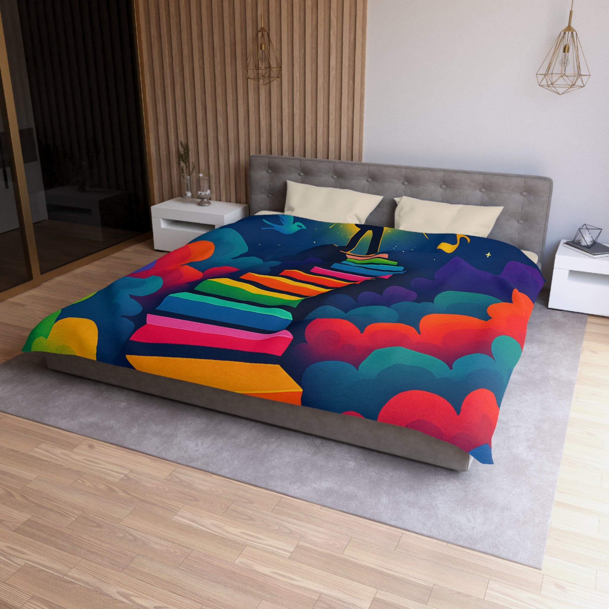 Housse de Couette Rêve d'Escalier Arc-en-Ciel avec Musicien et Oiseaux Colorés