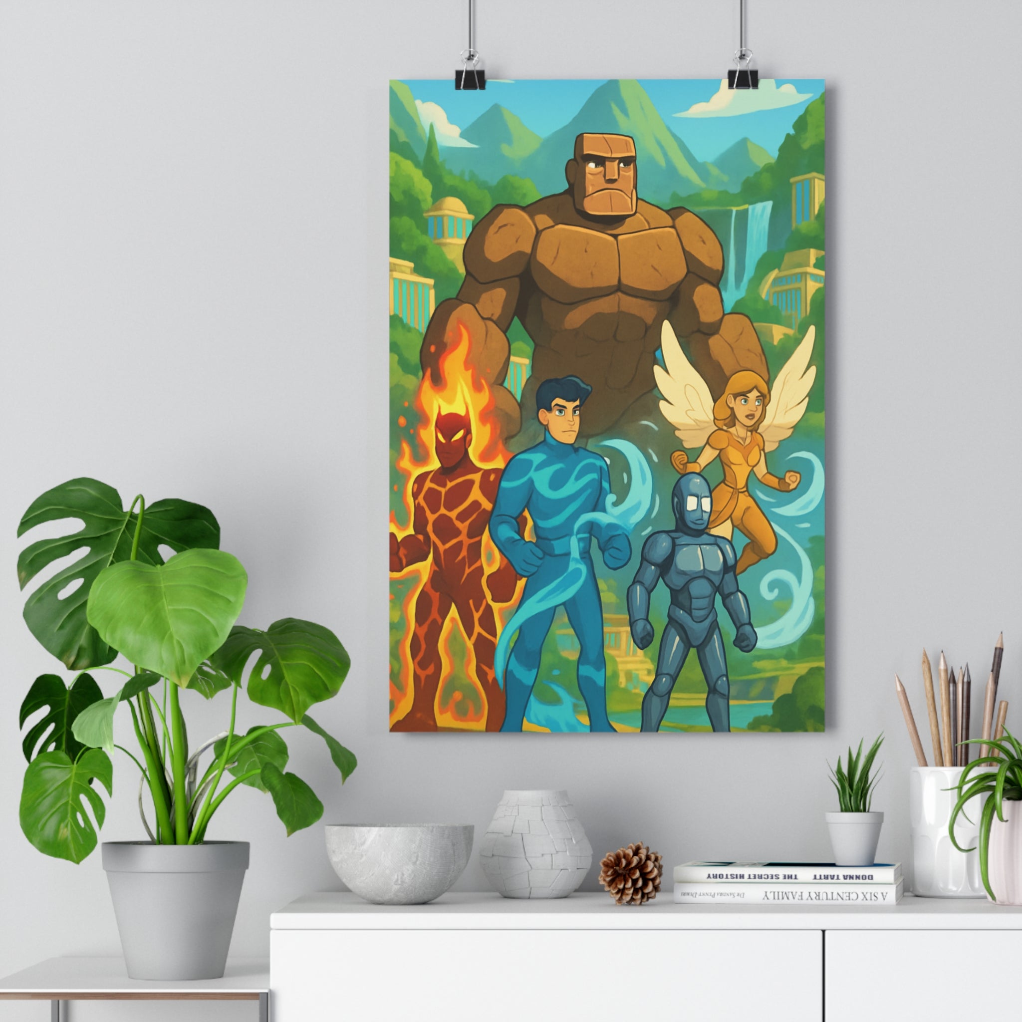 Poster décoratif cartoon naturel bleu vert orange marron aventure chambre enfant joyeux vibrant énergique