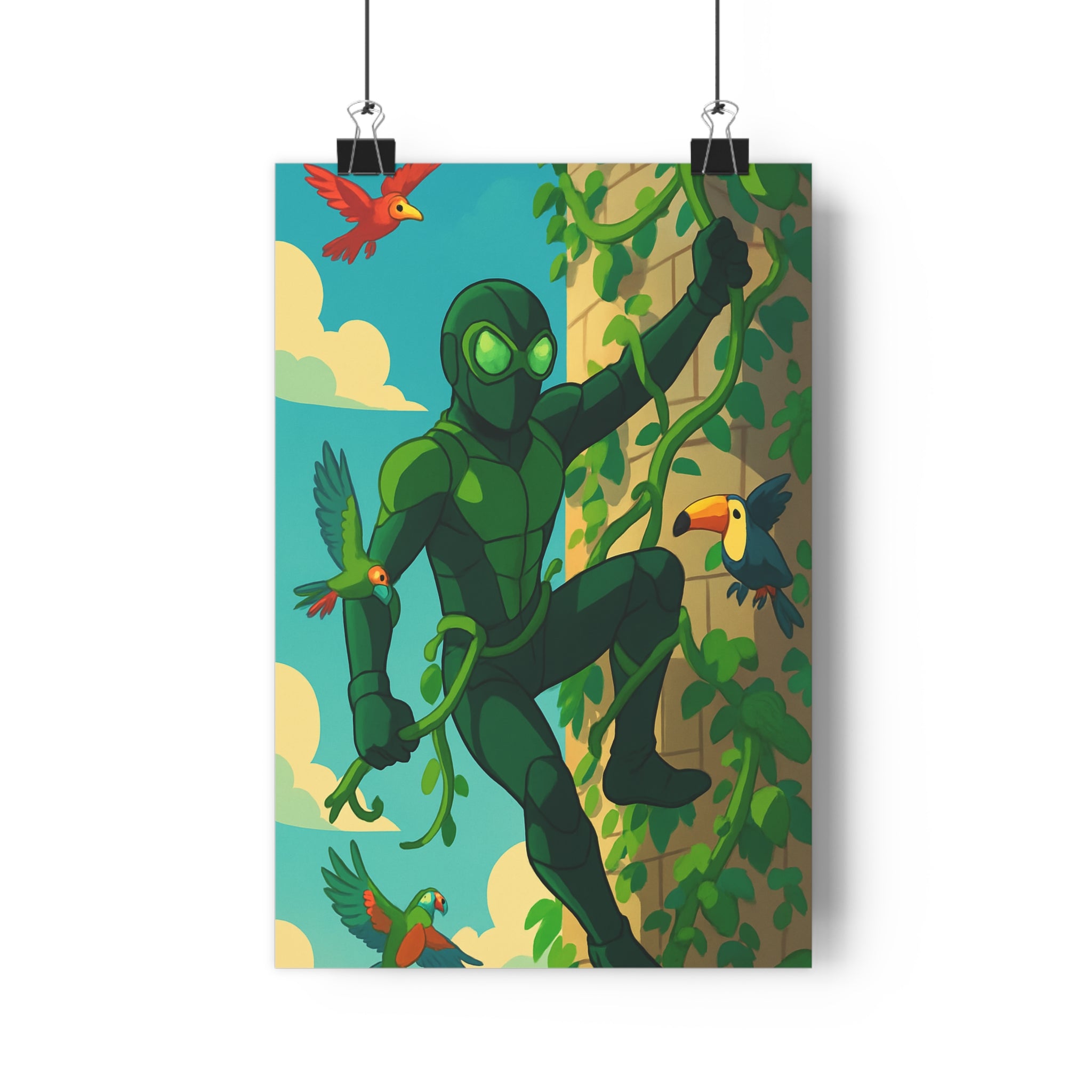 Poster décoratif superhéros vert cartoon écologique dynamique coloré joyeux salon enfant mur déco ambiance