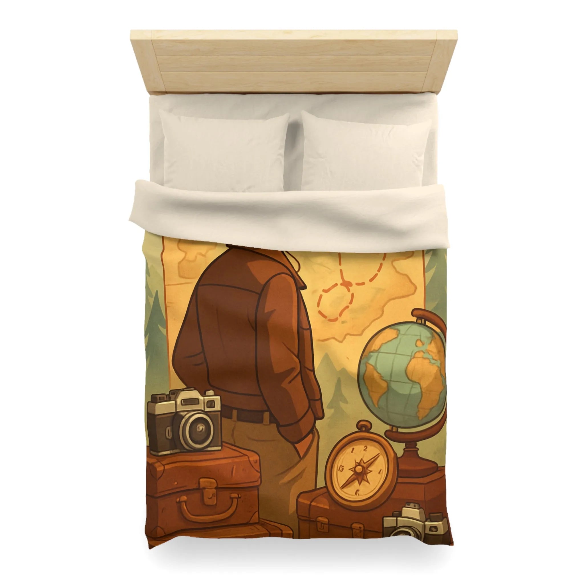 Housse de couette aventure vintage avec explorateur, cartes au trésor et globe illustré