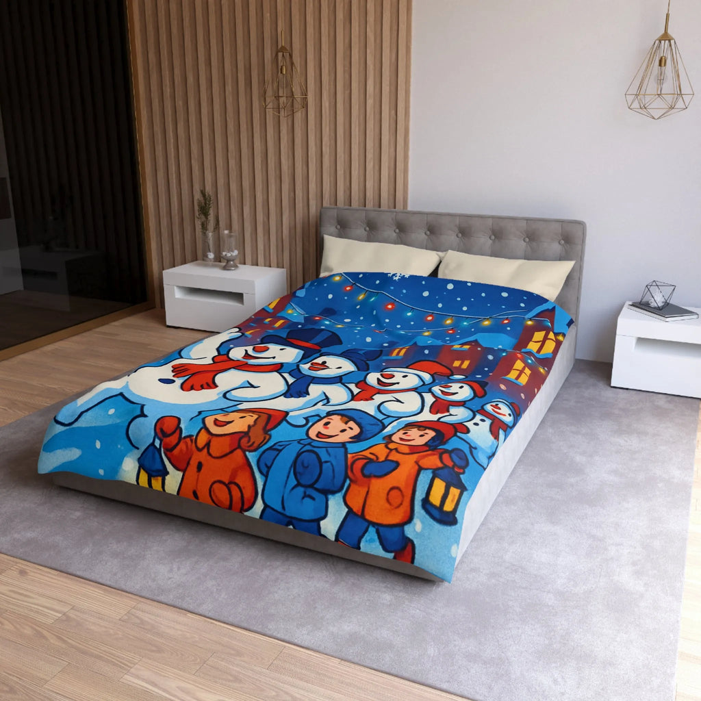 Housse de couette festive avec bonhommes de neige et enfants en parade illuminée