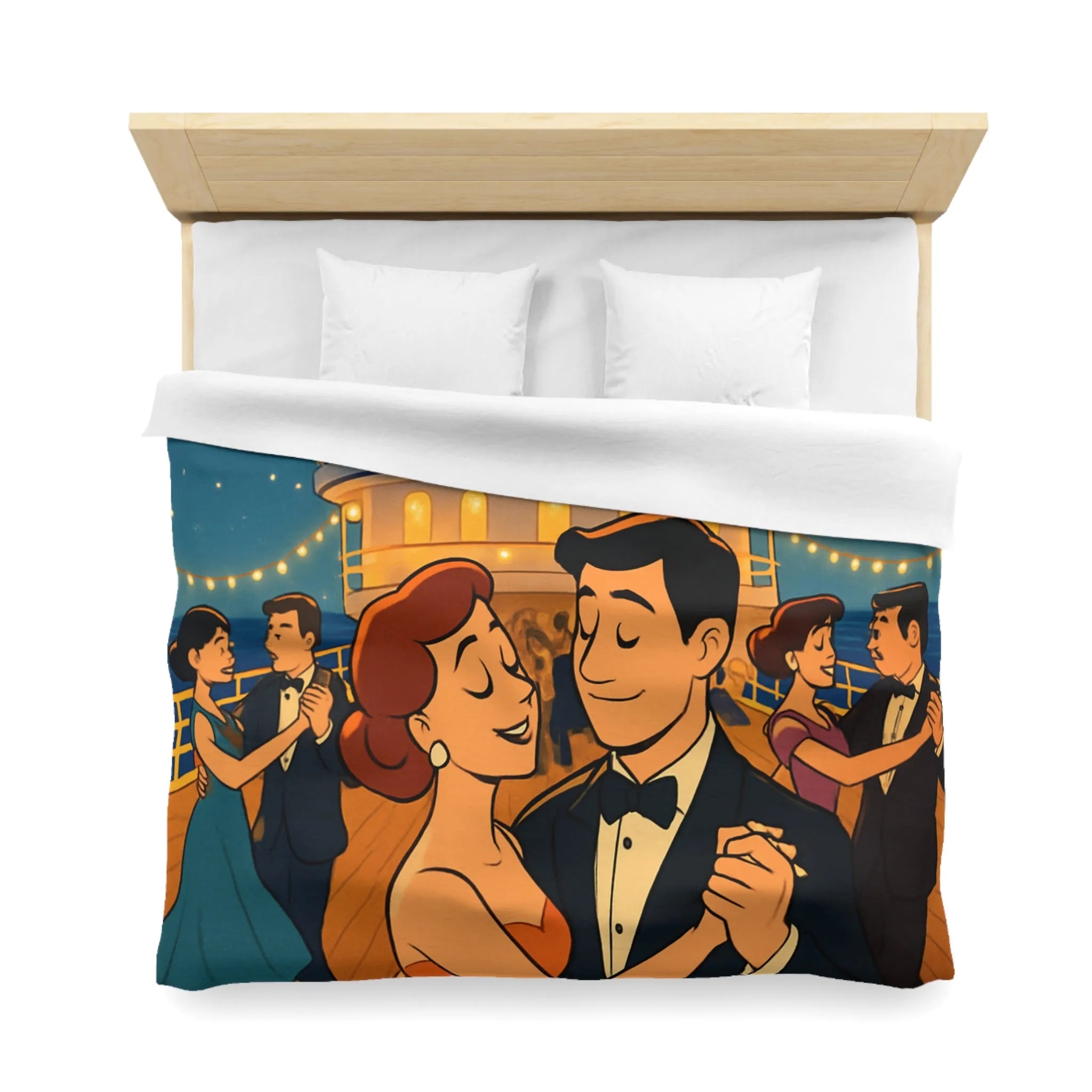 Housse de couette élégante avec danse romantique rétro sur un pont de navire