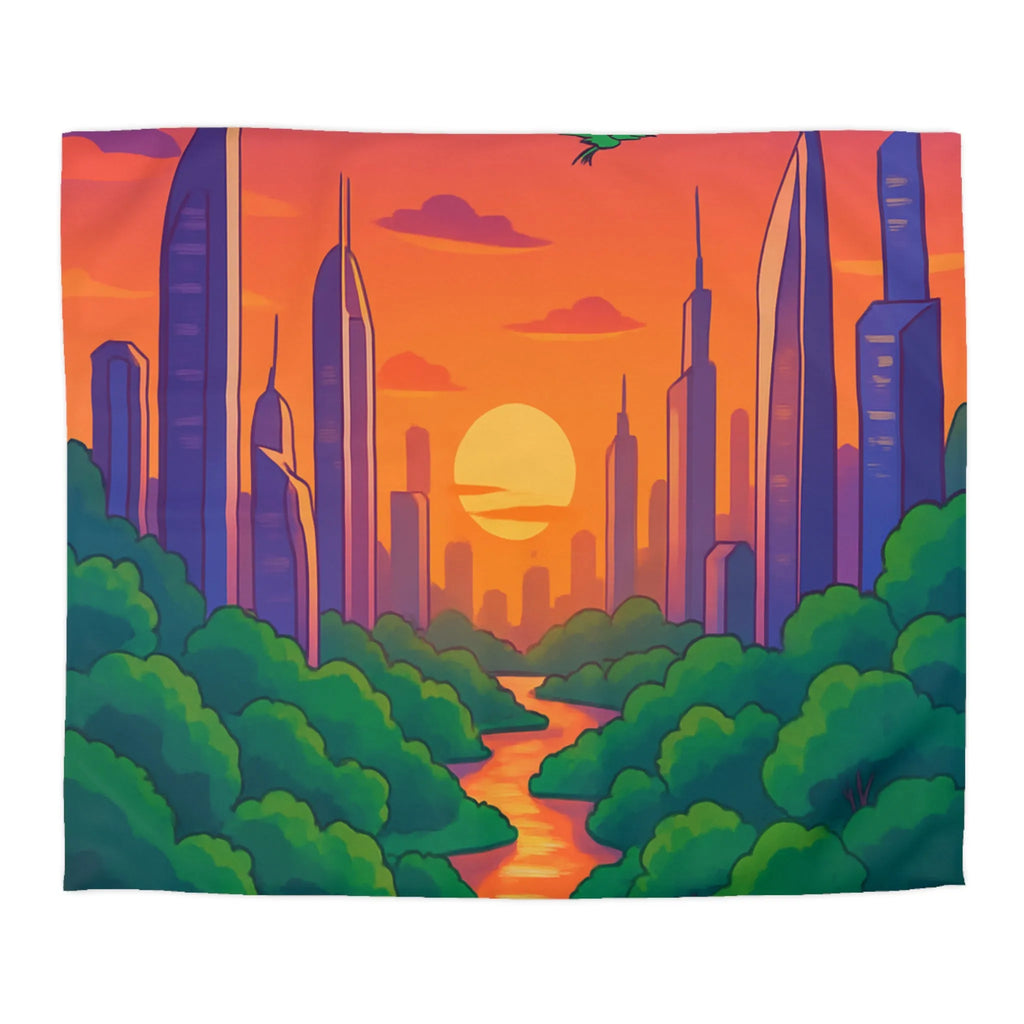 Housse de couette avec illustration urbaine et naturelle au coucher du soleil envoûtant