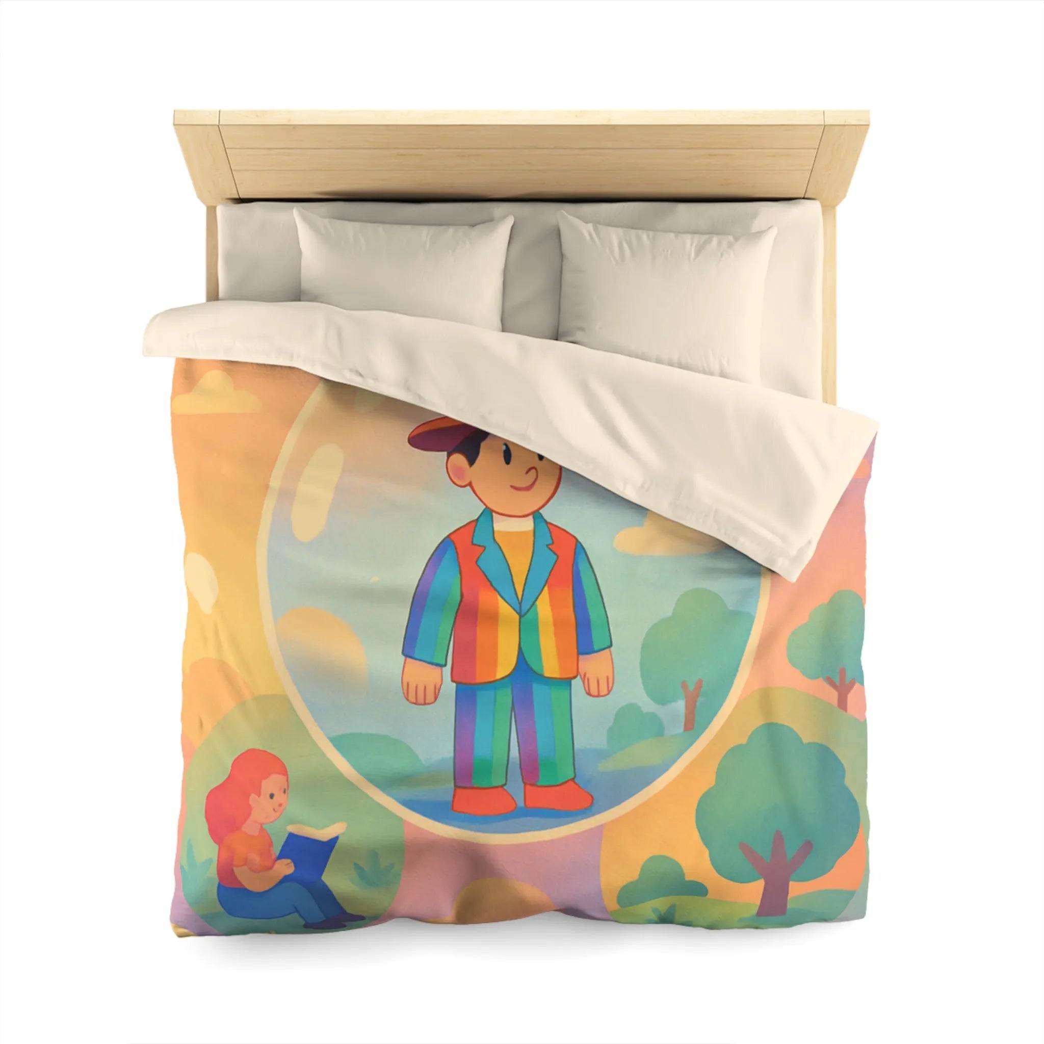 Housse de couette aux motifs rêveurs de personnages dans des bulles colorées et apaisantes