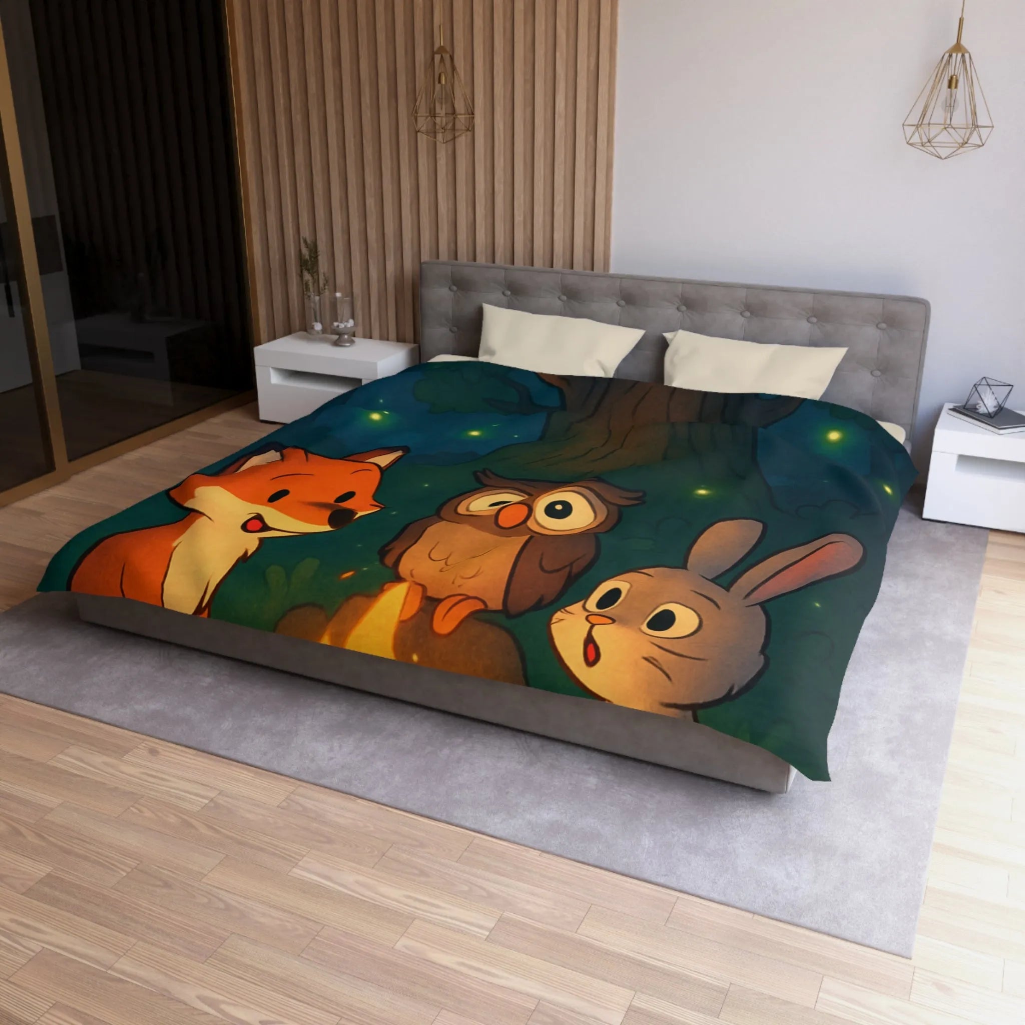 Housse de couette forêt mystique animaux autour du feu sous ciel étoilé magique