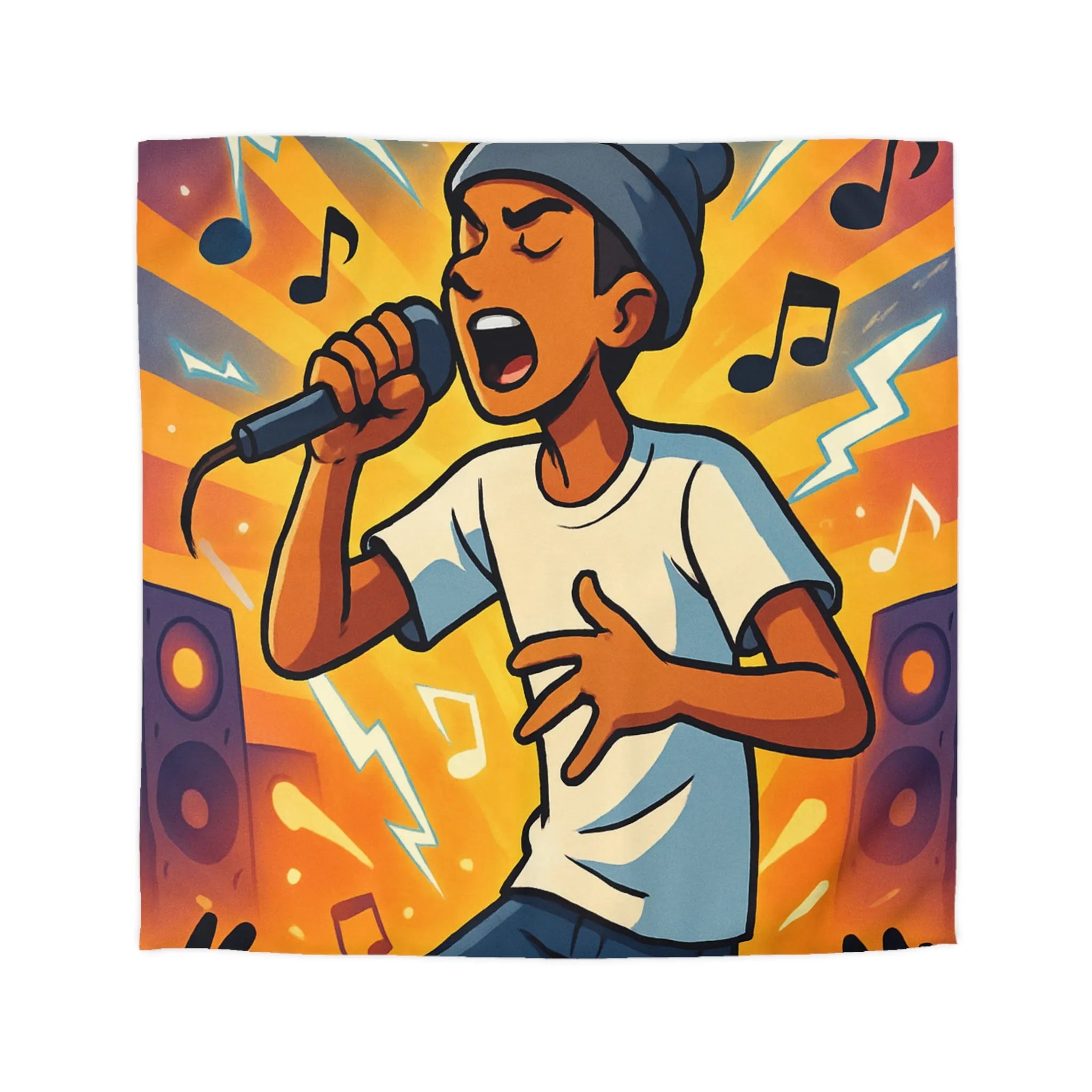 Housse de couette ambiance concert urbain avec chanteur et éclairs musicaux colorés