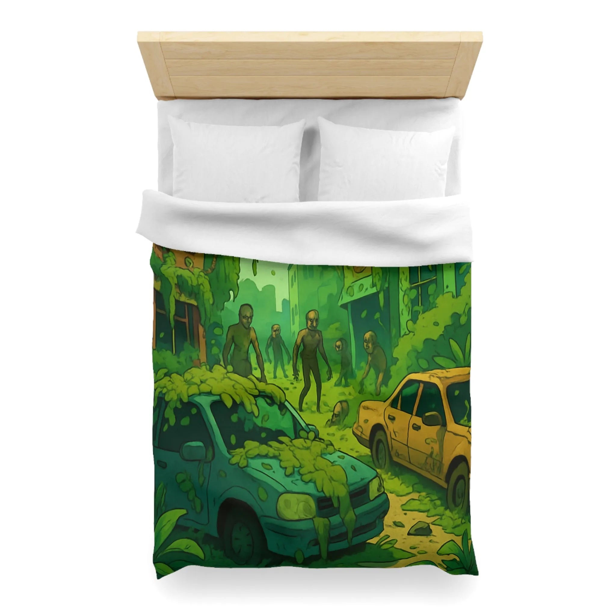 Housse de couette avec zombies et nature envahissante dans ville post-apocalyptique verte