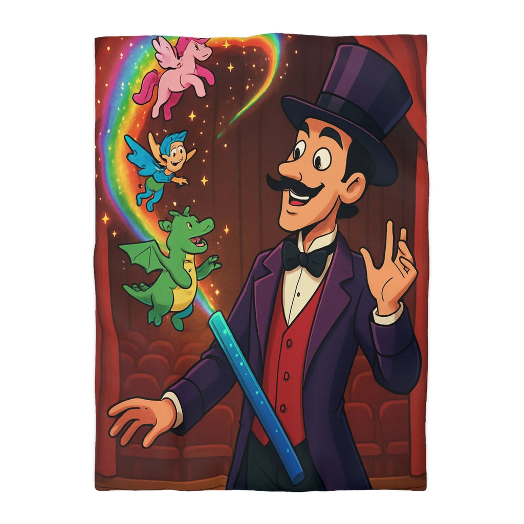 Housse de couette magique avec scène enchantée de créatures et magicien coloré