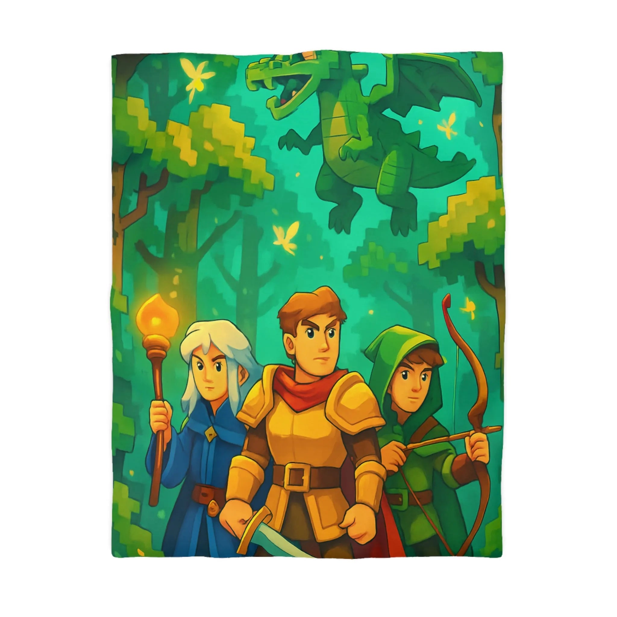 Housse de couette aventure forêt enchantée avec dragon, chevalier, mage et archer