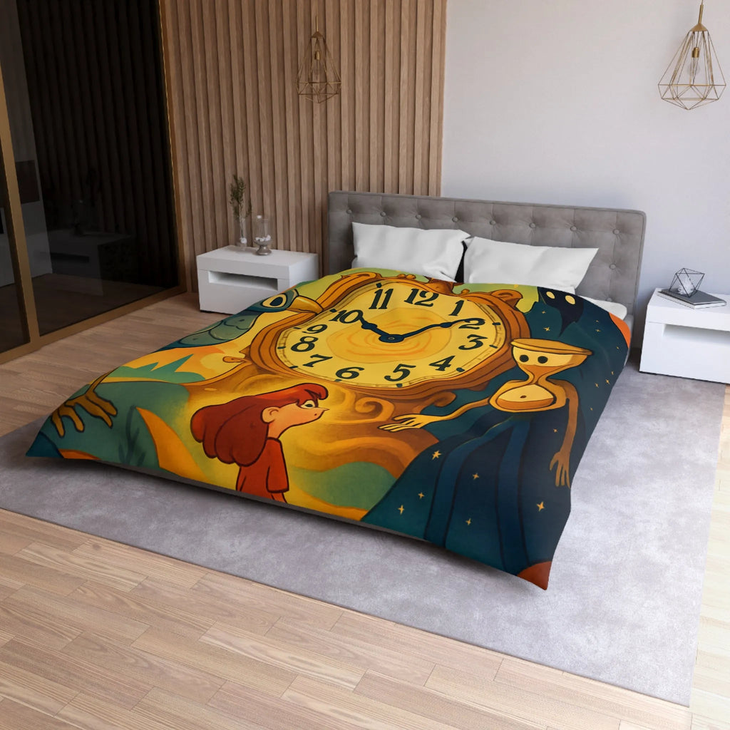 Housse de couette fantastique avec horloge magique et personnages mystérieux en illustration onirique