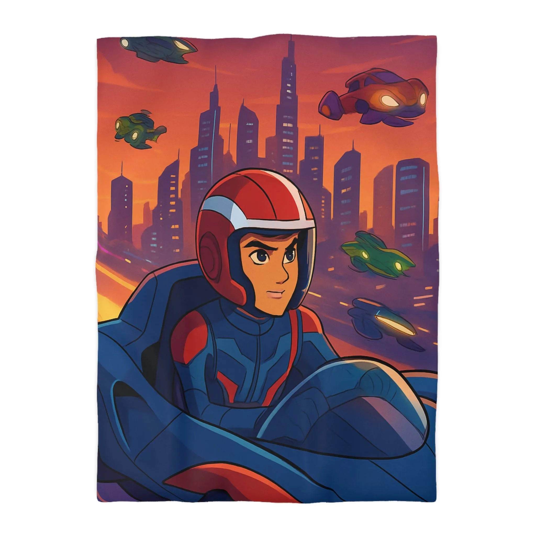 Housse de couette futuriste avec pilote de course et voitures volantes en ville