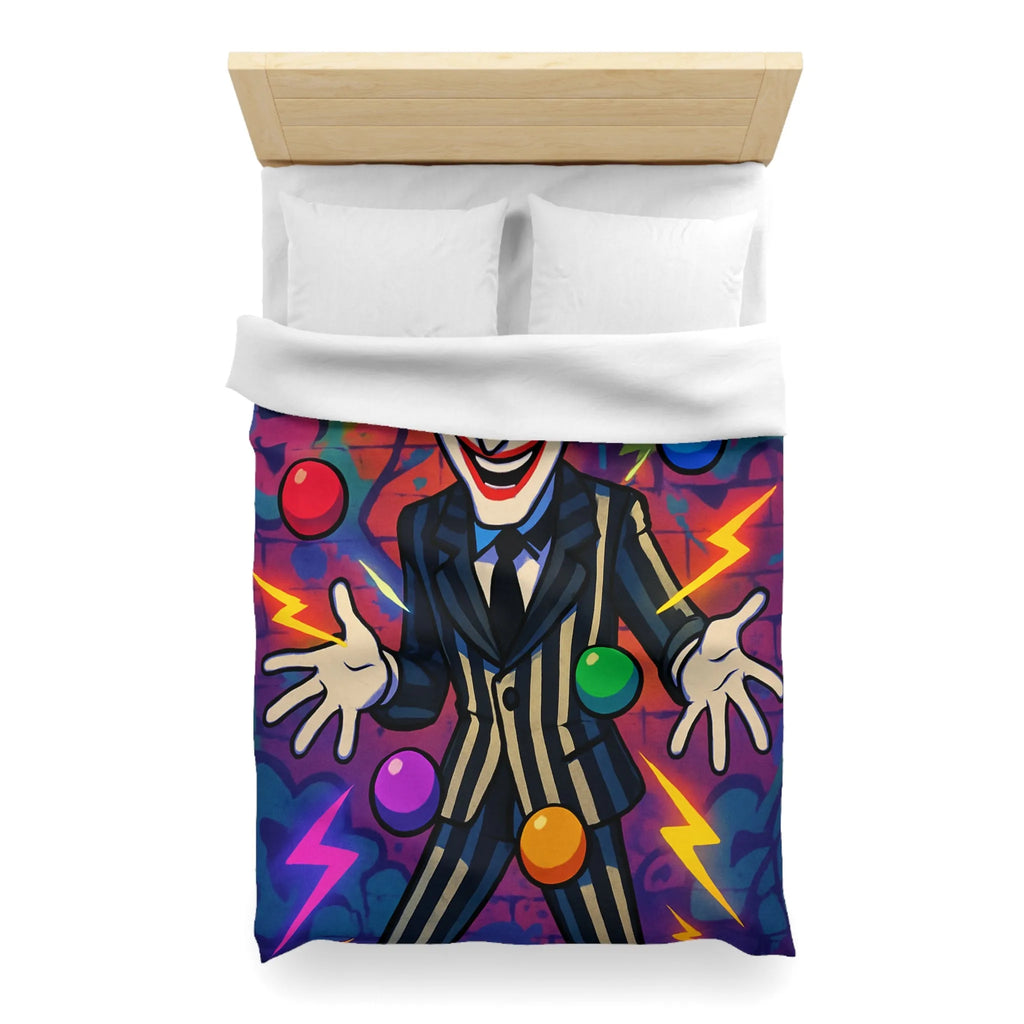 Housse de couette clown rayé jonglant avec des éclairs et des formes colorées