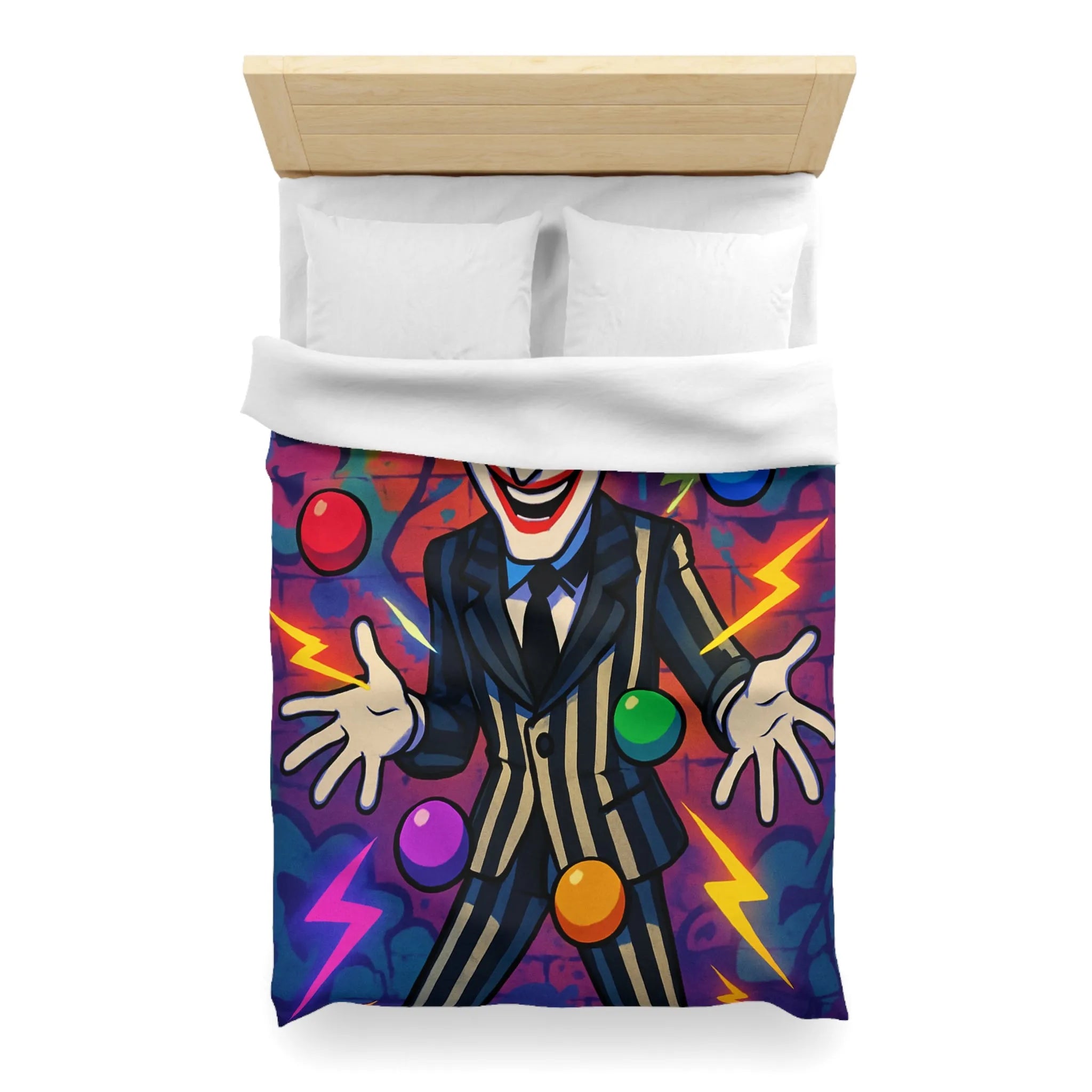 Housse de couette clown rayé jonglant avec des éclairs et des formes colorées