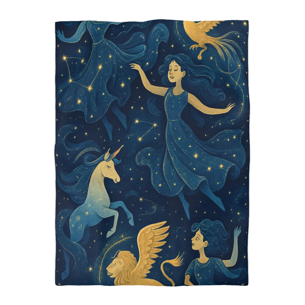 Housse de couette étoilée avec créatures mythiques et danseuses dans une palette bleue or