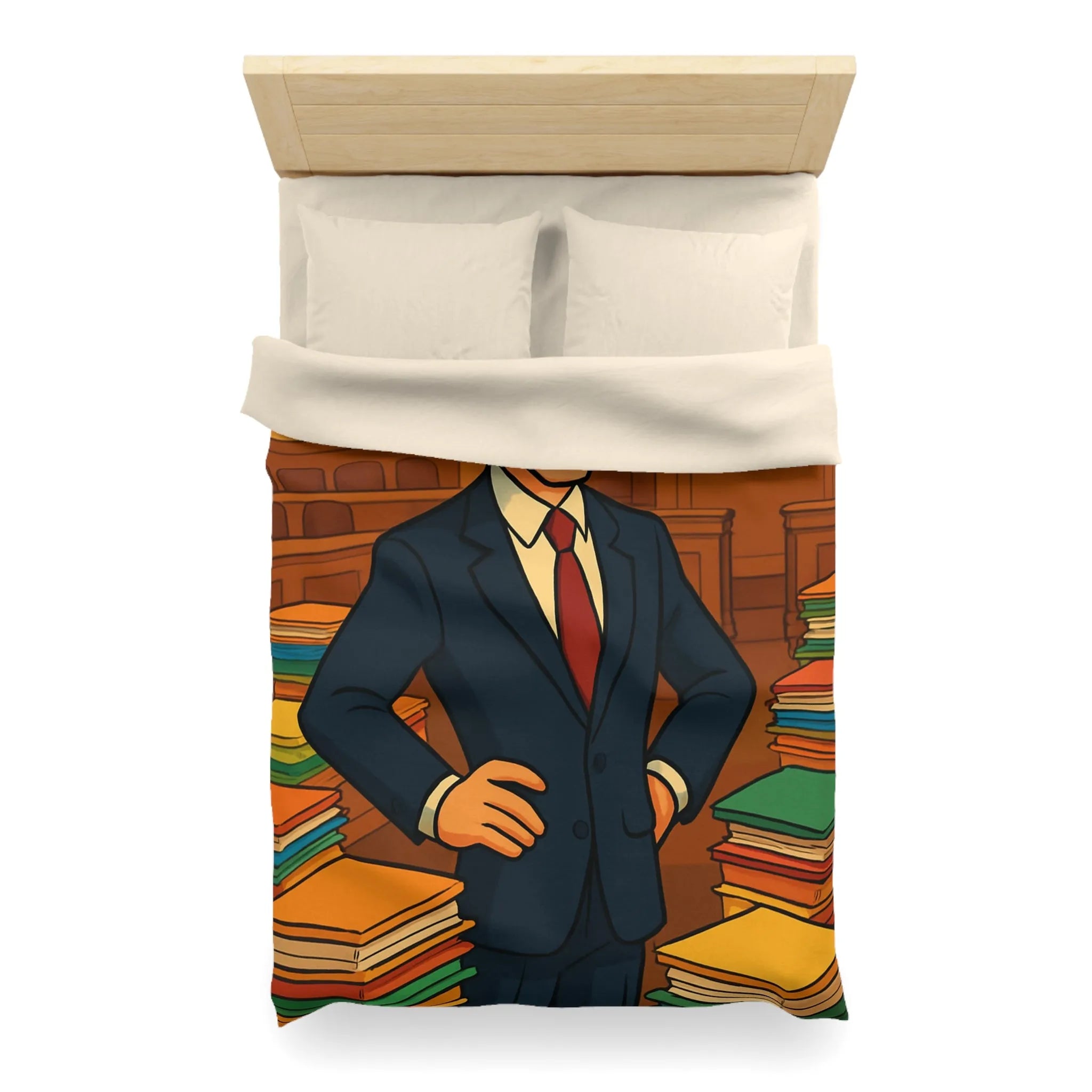 Élégante housse de couette rétro, piles de dossiers colorés, personnage confiant et distingué