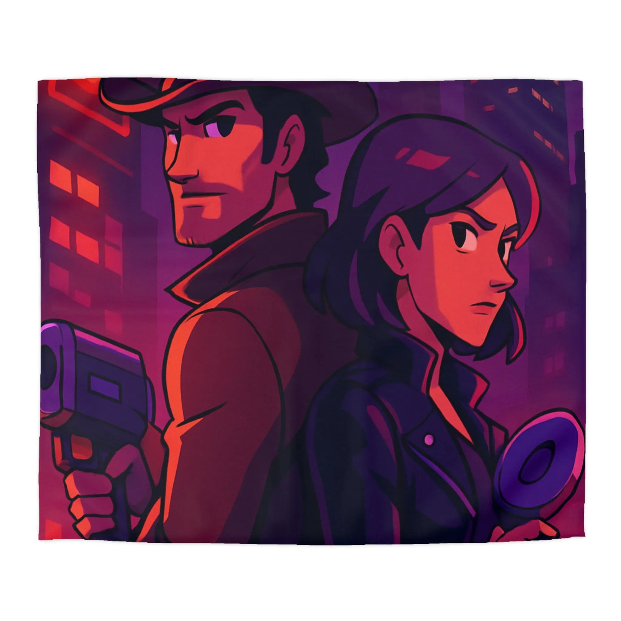 Housse de couette aventure urbaine avec duo de détectives dans néons lumineux