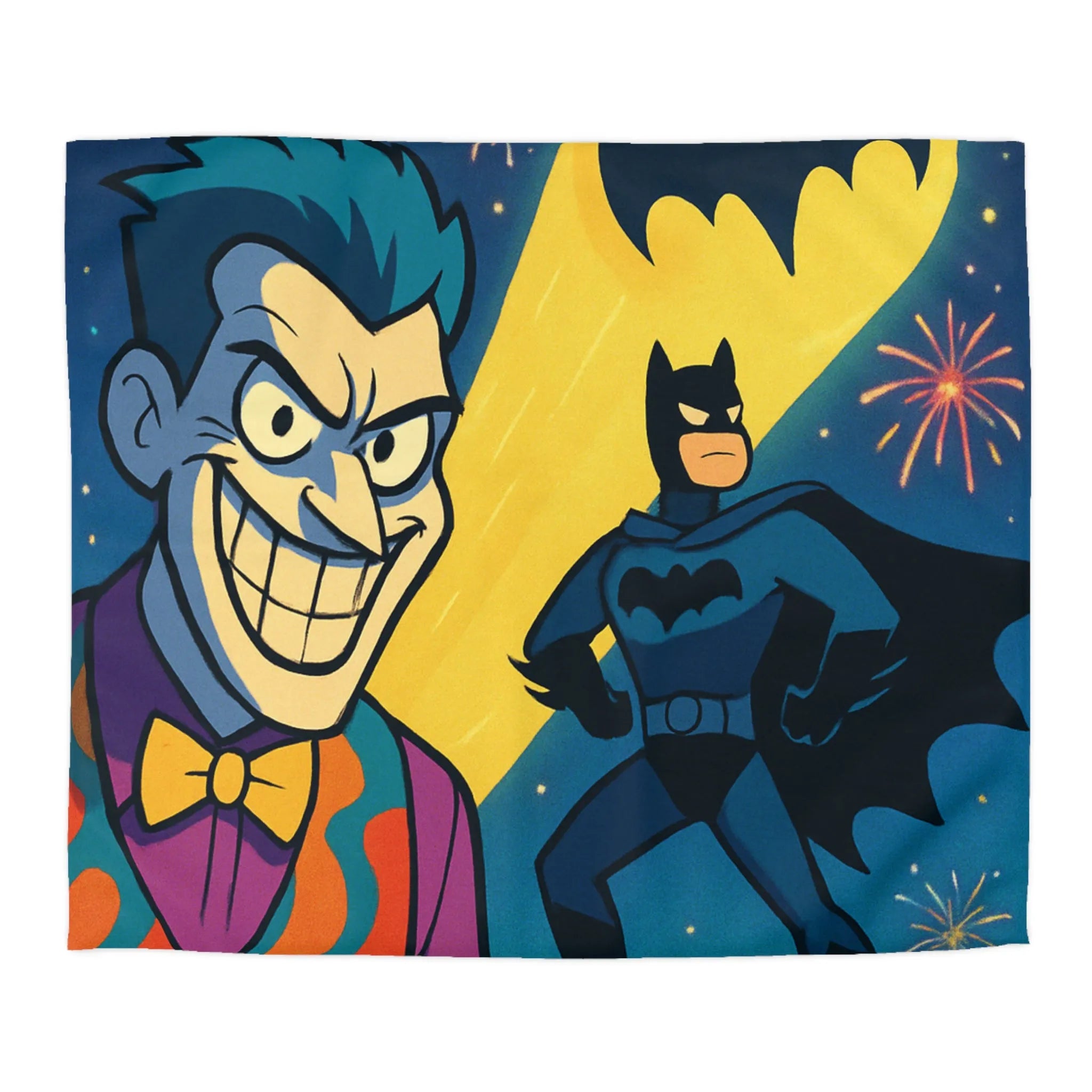 Housse de couette avec justicier nocturne et clown espiègle devant feux d'artifice colorés