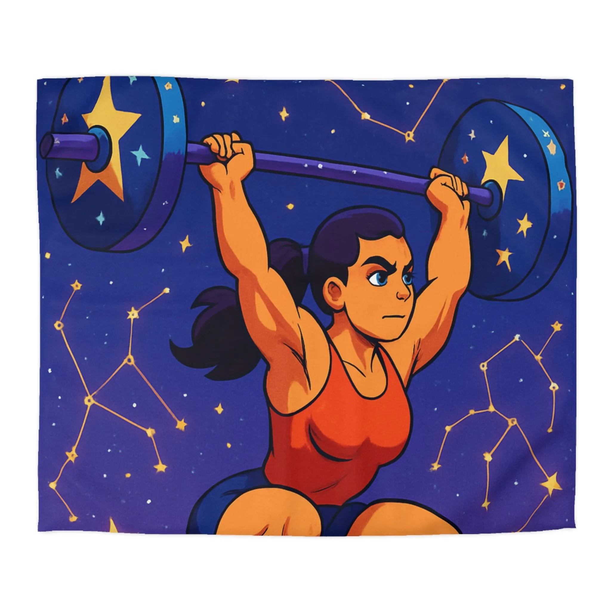 Housse de Couette Athlétique Femme Soulevant Poids Sous Ciel Étoilé et Constellations