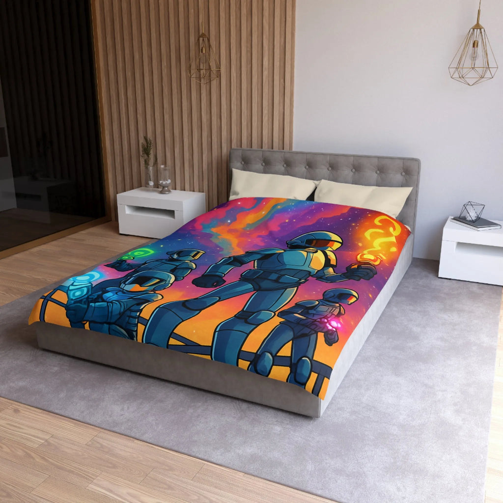 Housse de couette futuriste colorée avec quatre astronautes sous galaxie vibrante et étoilée