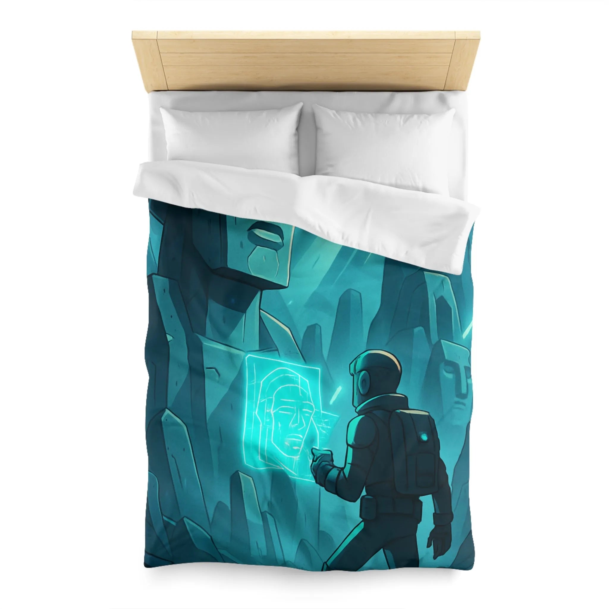 Housse de couette futuriste avec statues anciennes et explorateur dans une ambiance lumineuse néon