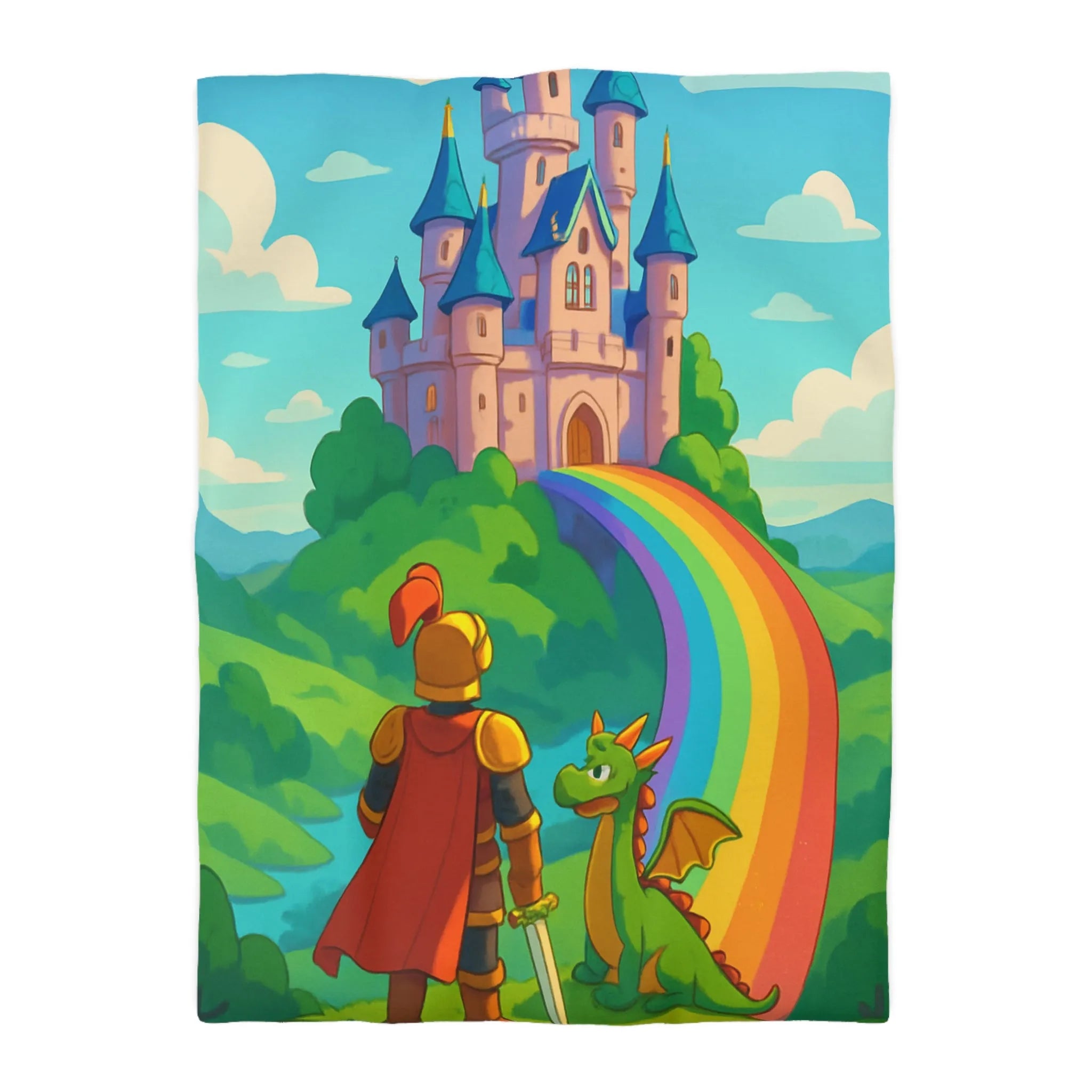Housse de couette féérique avec chevalier, dragon et château sur arc-en-ciel magique