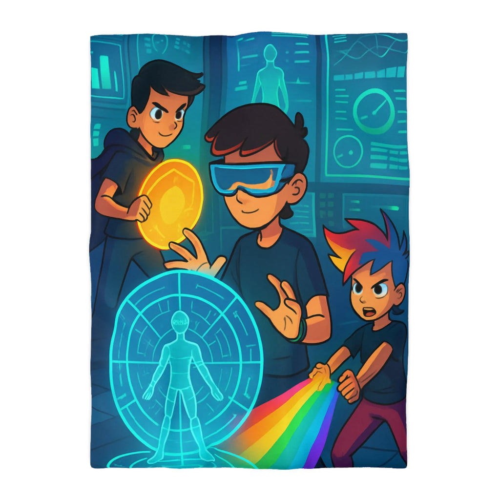 Housse de couette colorée avec enfants explorant un monde futuriste numérique et lumineux