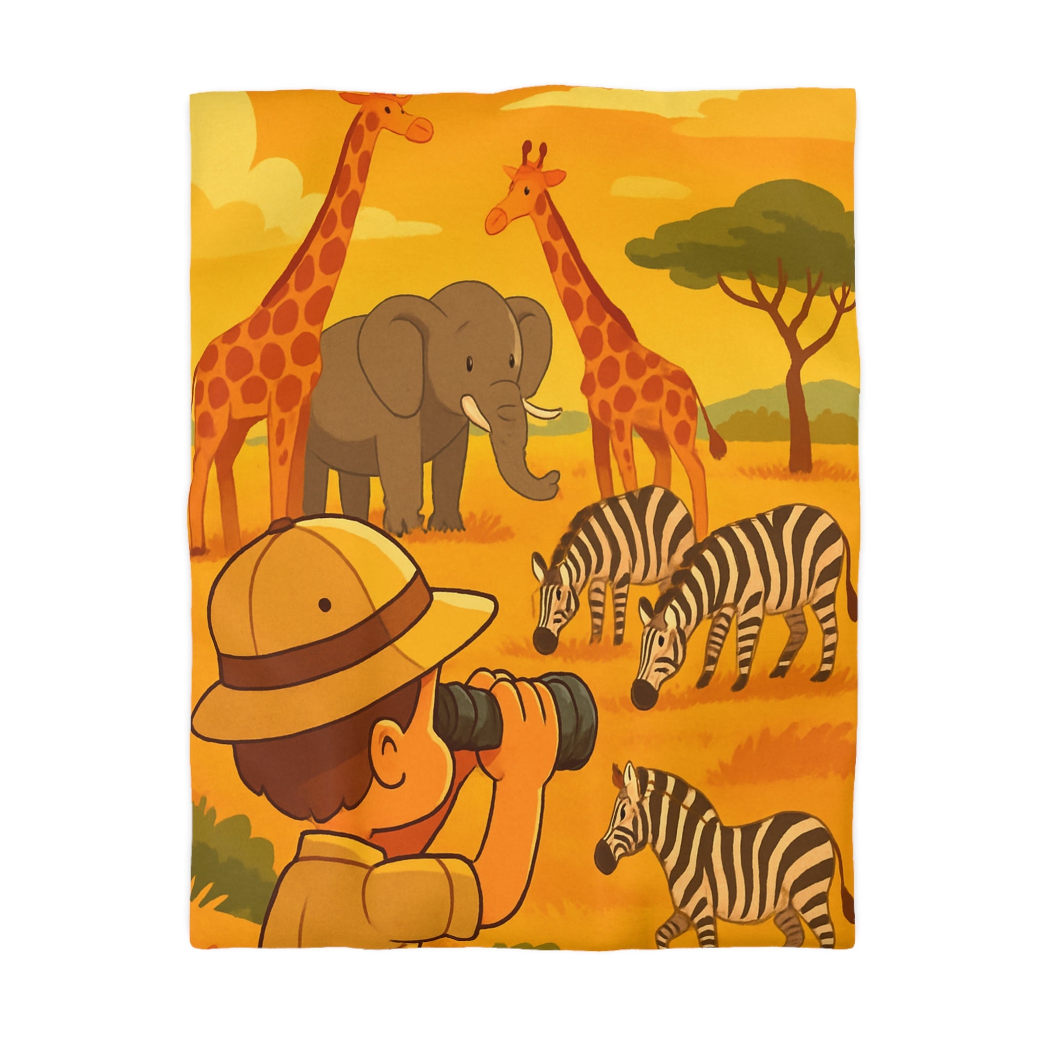 Housse de couette safari enfant avec éléphant, girafes et zèbres dans savane ensoleillée