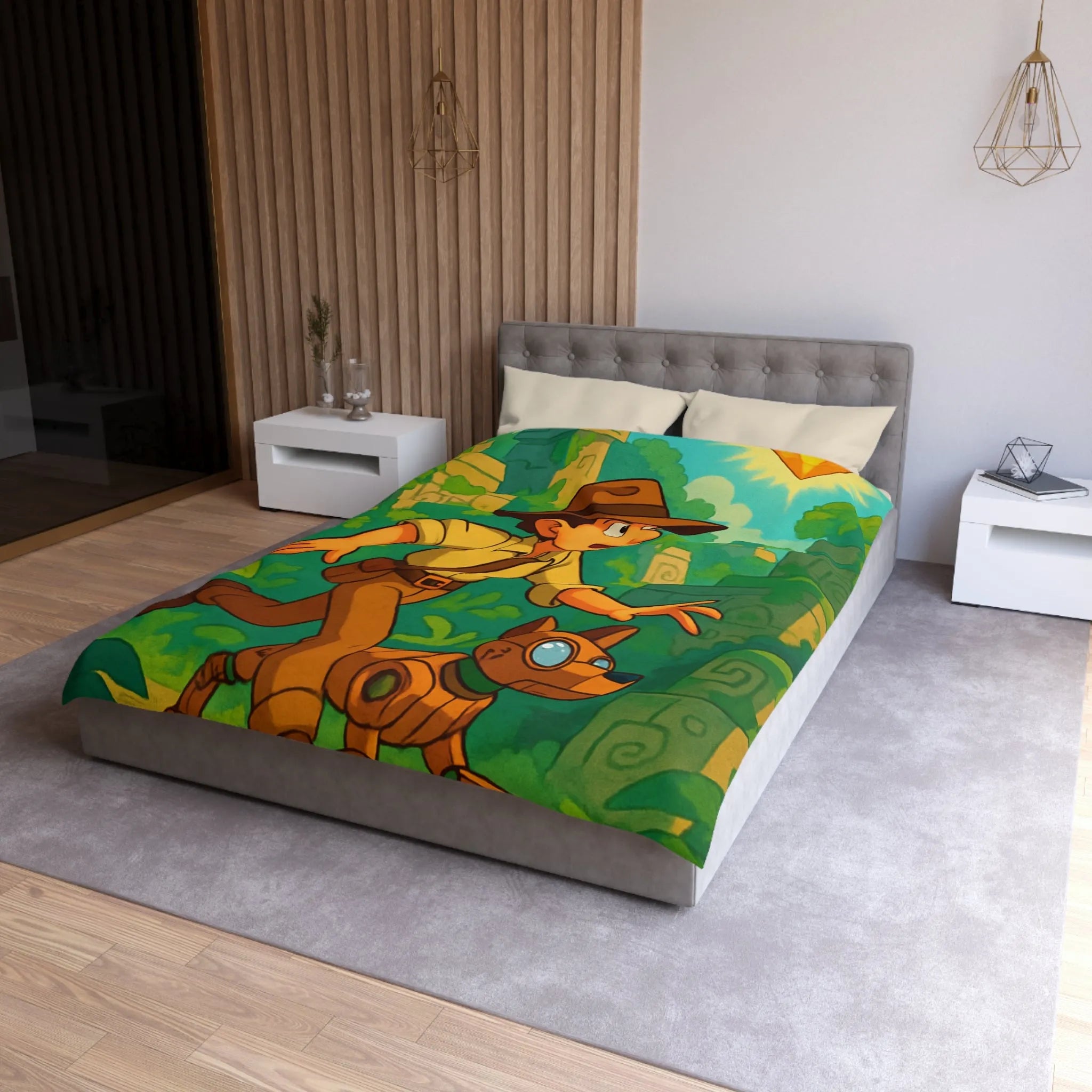 Housse de couette aventure jungle avec personnage explorateur et chien robotique animé
