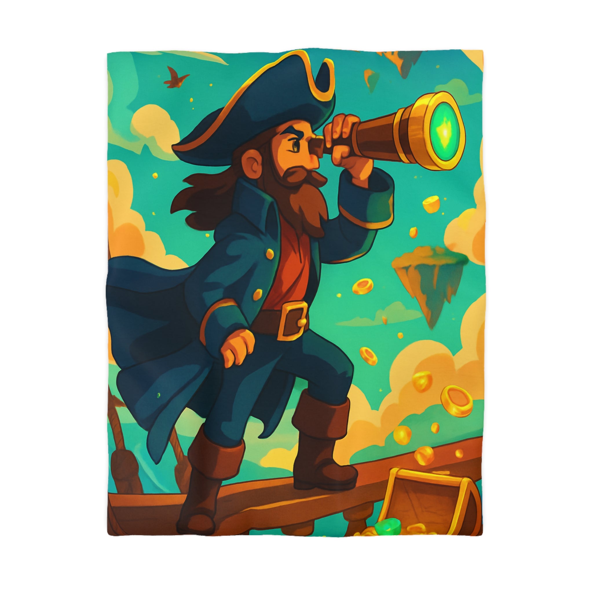 Housse de couette pirate vibrant bleu avec trésor doré et nuages flottants