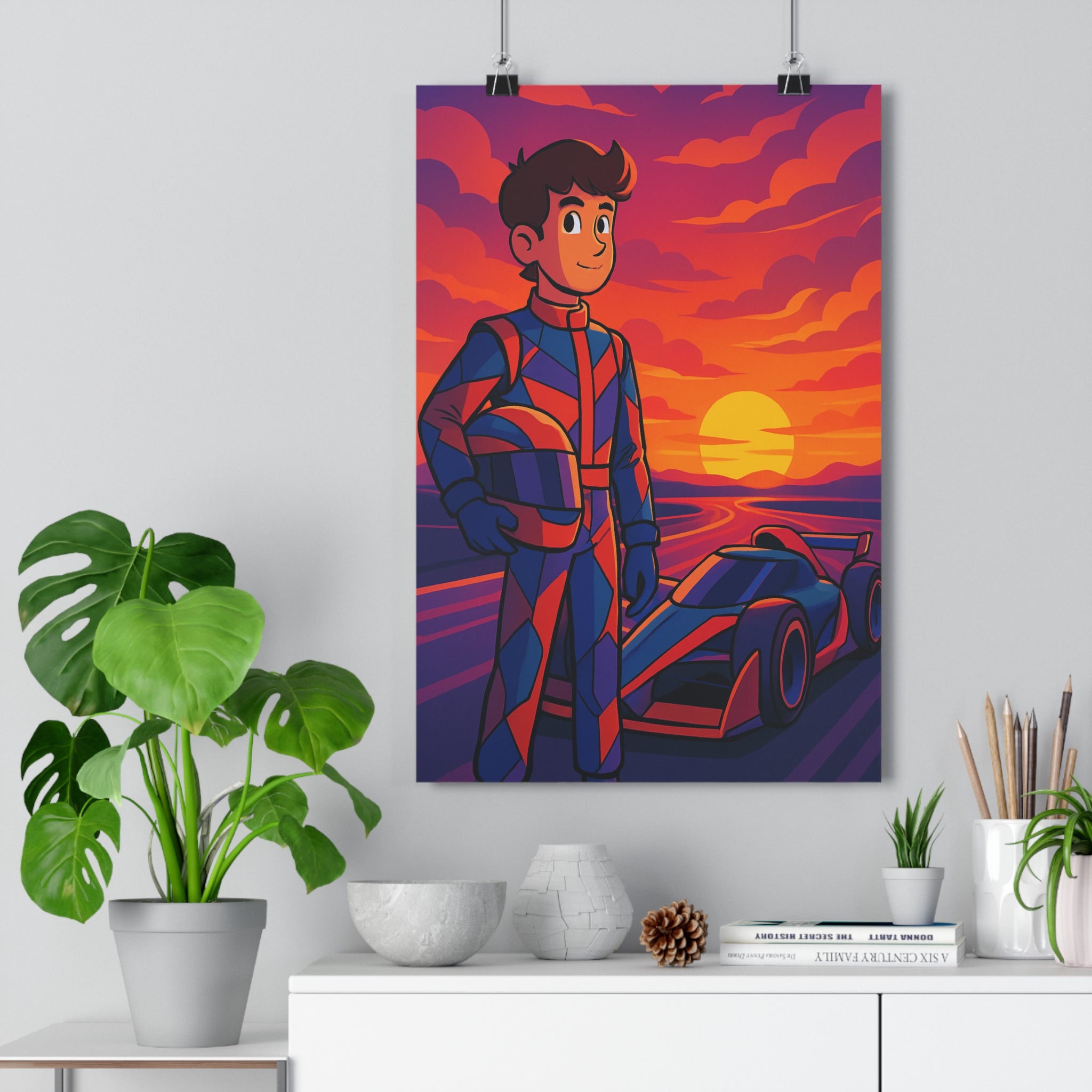 Poster décoratif pilote course dessin animé rouge orange violet dynamique chambre enfant moderne unique