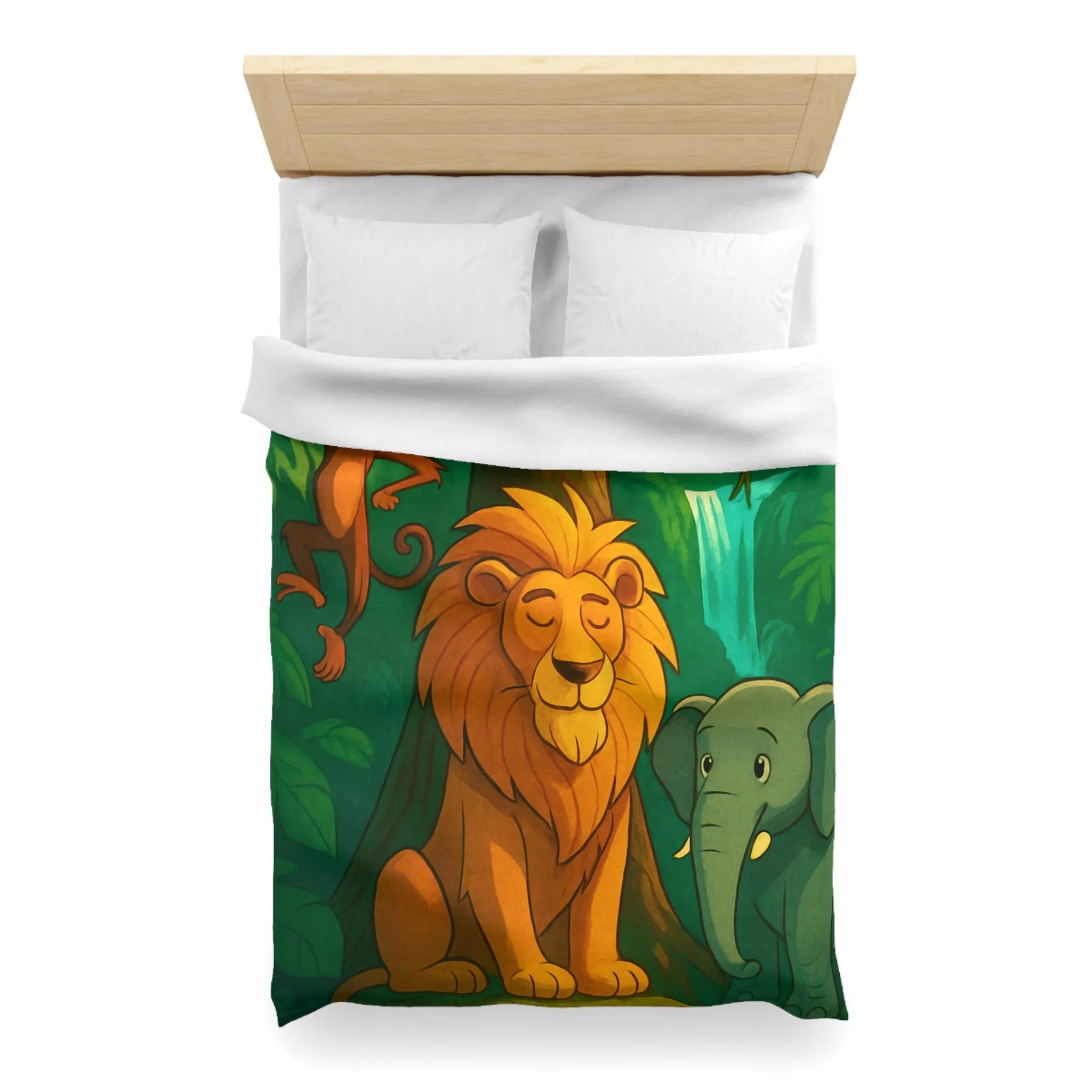 Housse de Couette Jungle Enchantée avec Lion, Singe, Éléphant et Chute d’Eau Magique