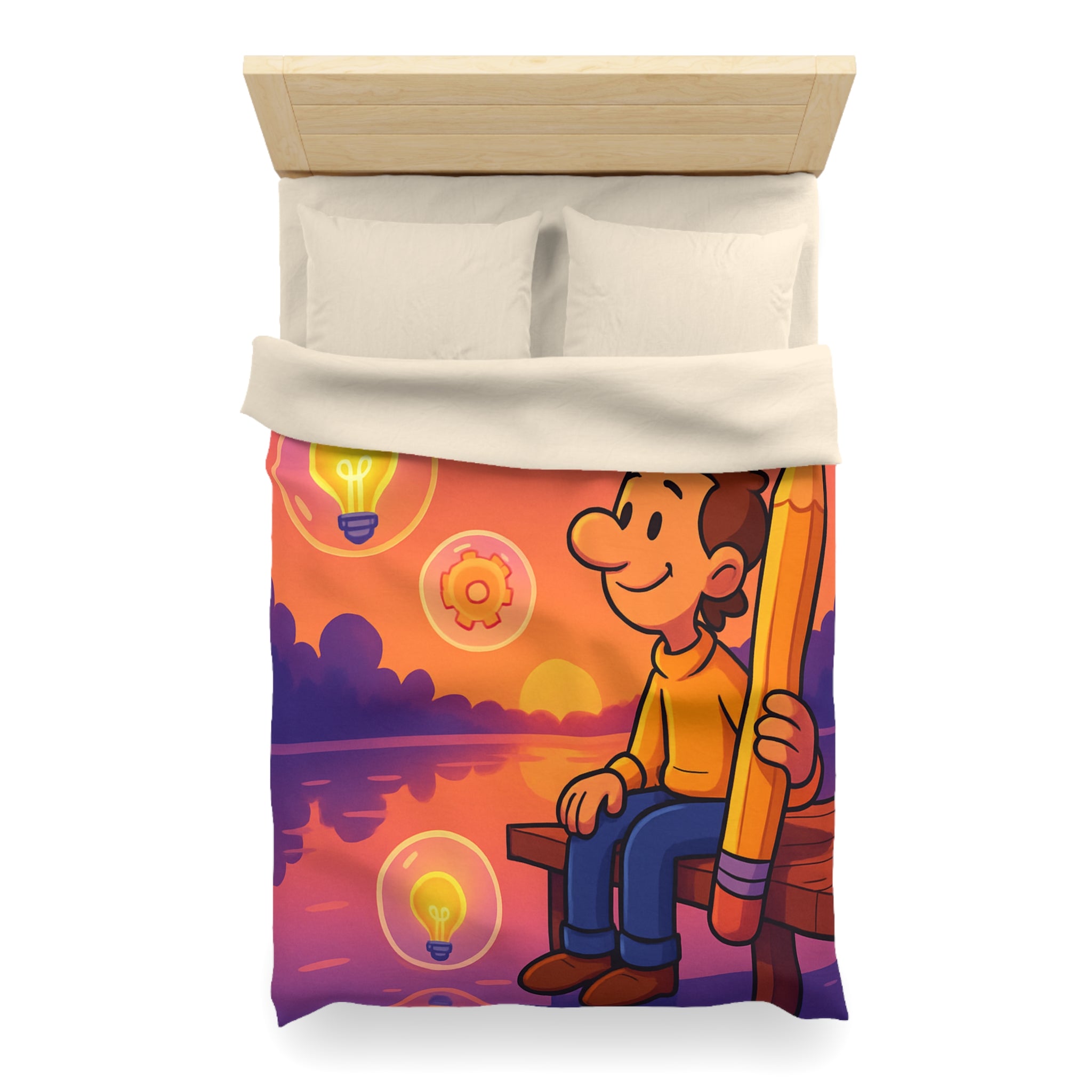 Housse de Couette Créative Avec Personnage Dessinant au Couchant et Ampoules Inspirantes