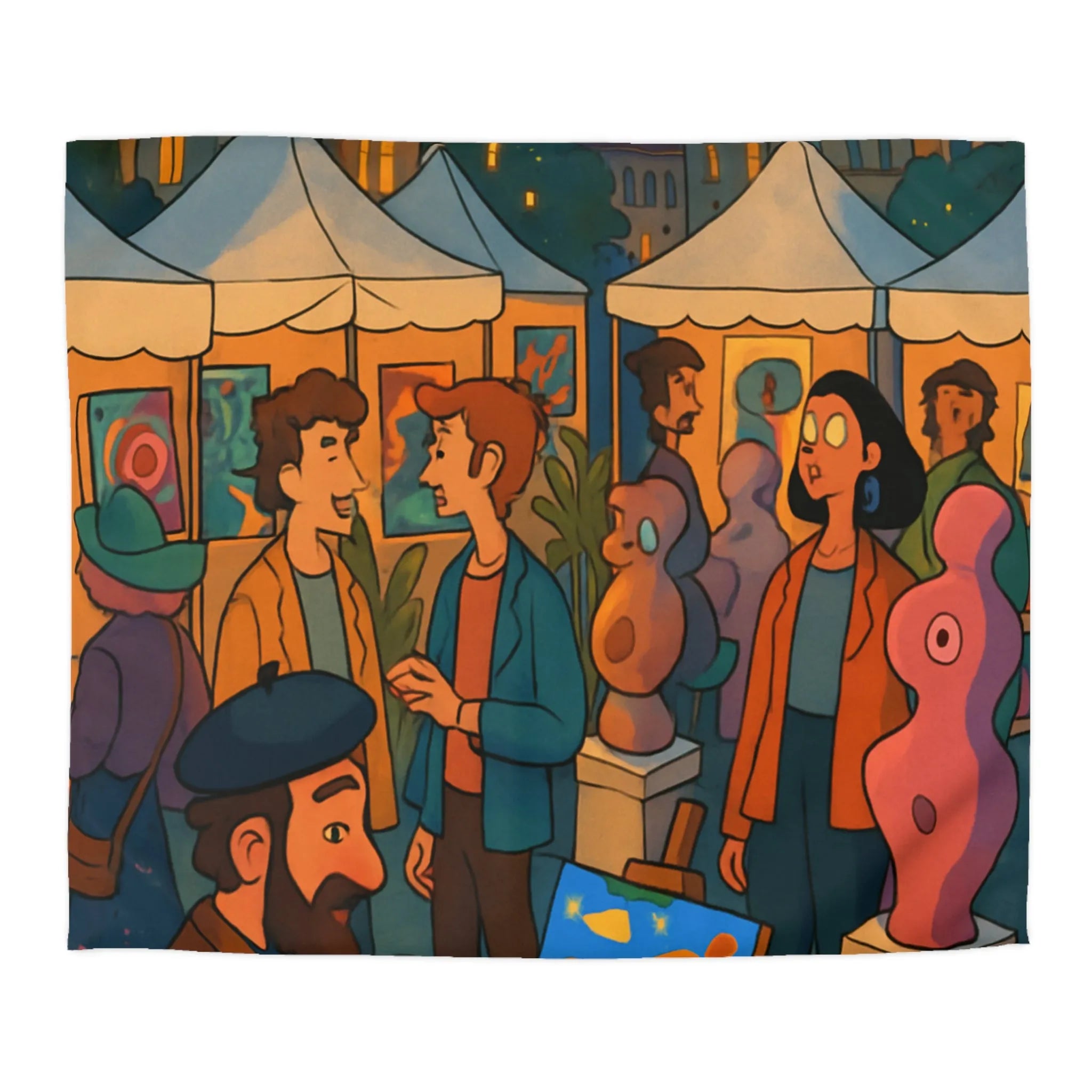 Housse de couette avec scène de marché nocturne animé et sculptures colorées