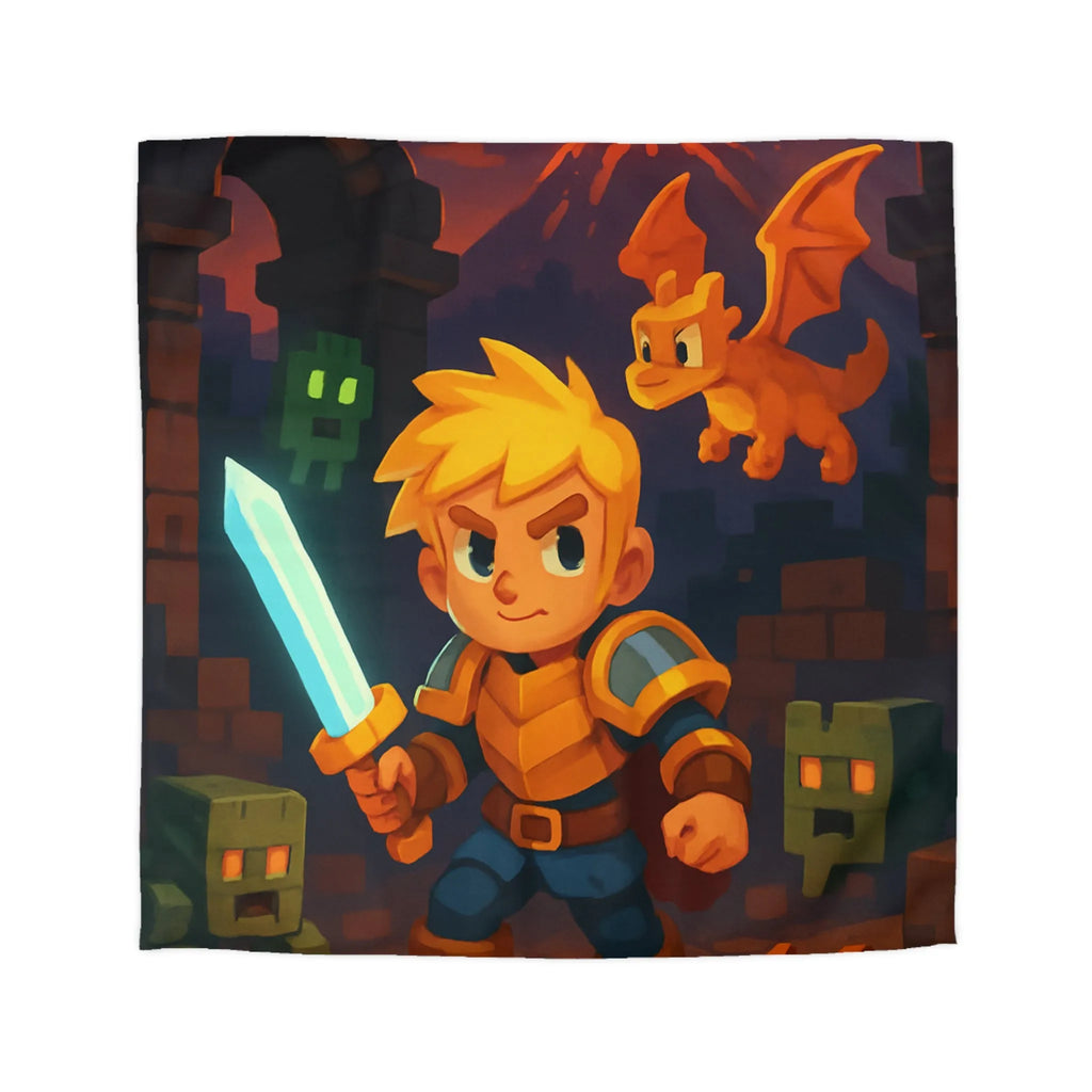 Housse de couette épique avec héros, dragon, volcan en feu et créatures cubiques