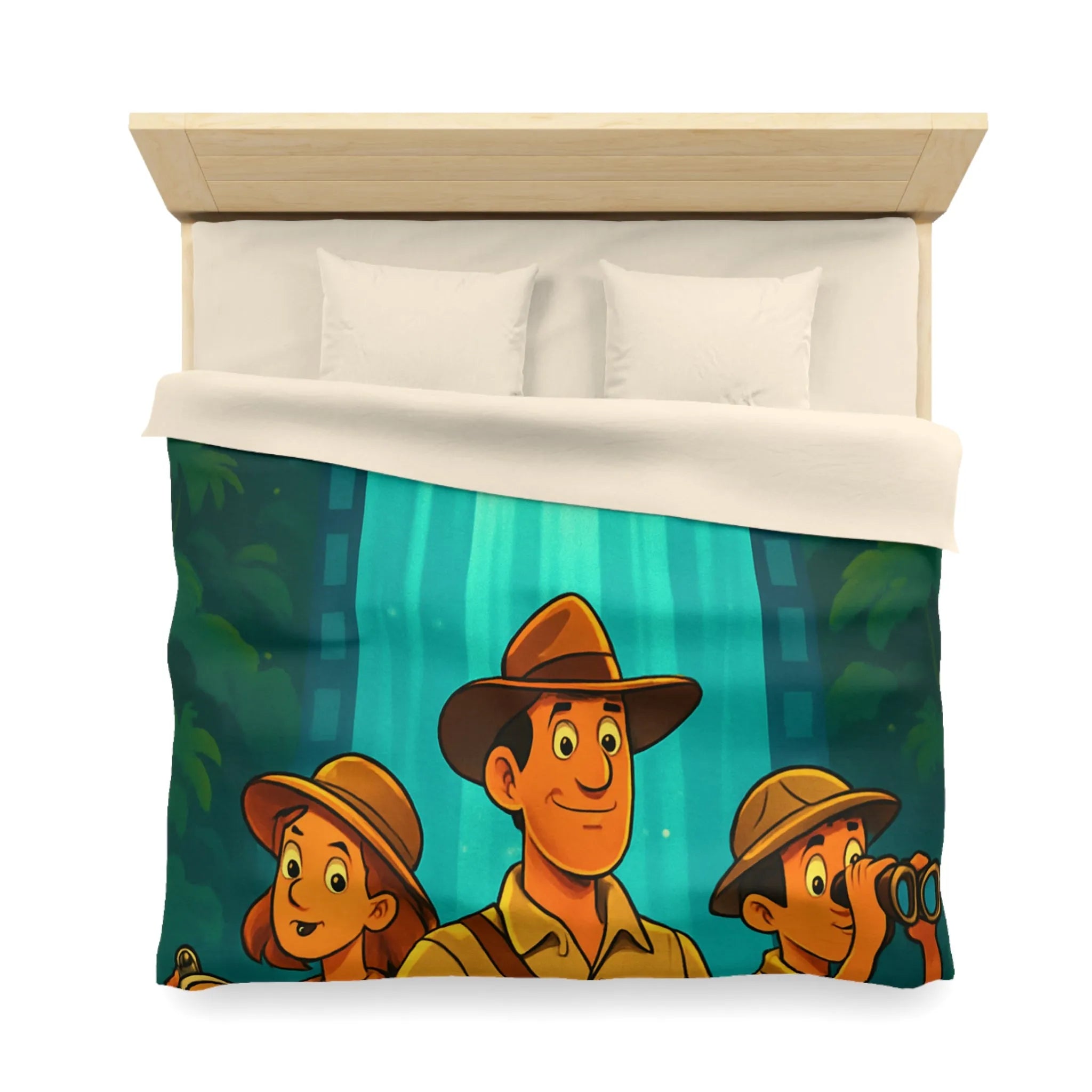 Housse de Couette Aventure Jungle Cascade Éclatante Exploration Famille Style Dessin Dessiné