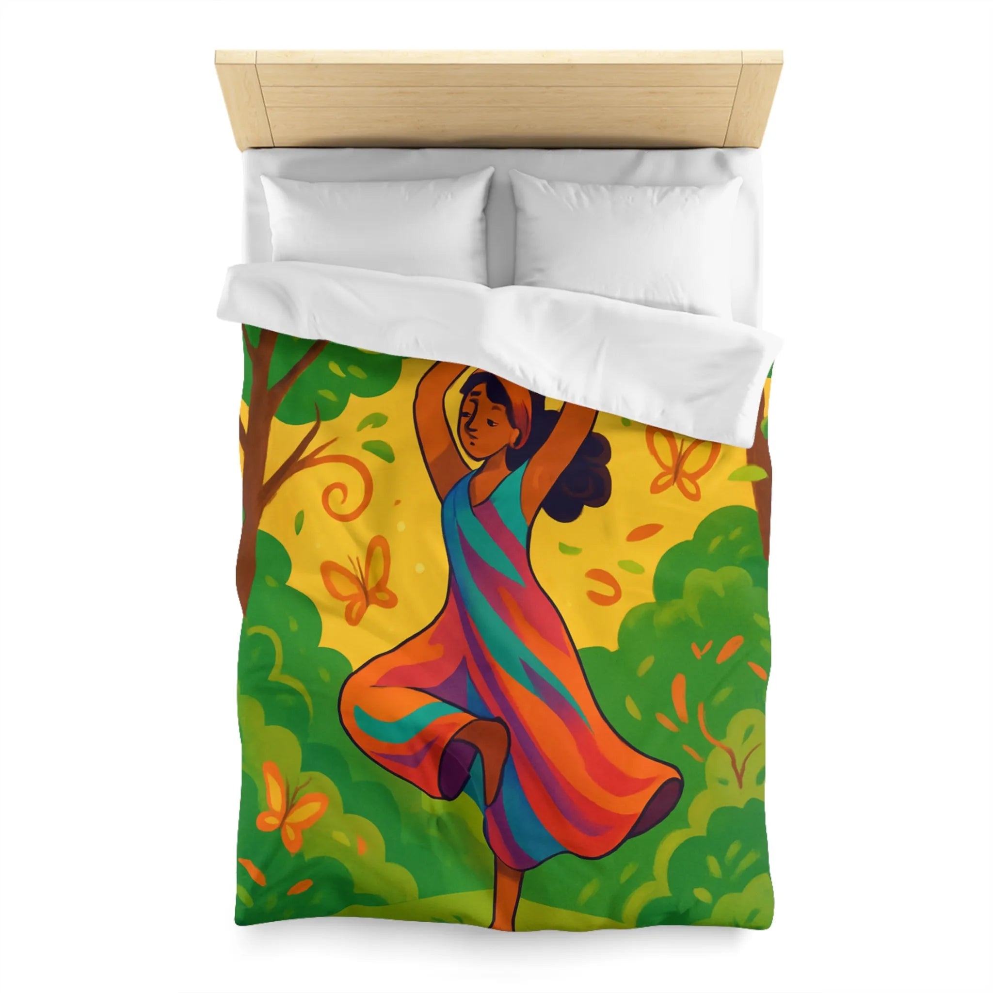 Housse de Couette Colorée avec Motif Filles et Papillons dans Forêt Enchantée