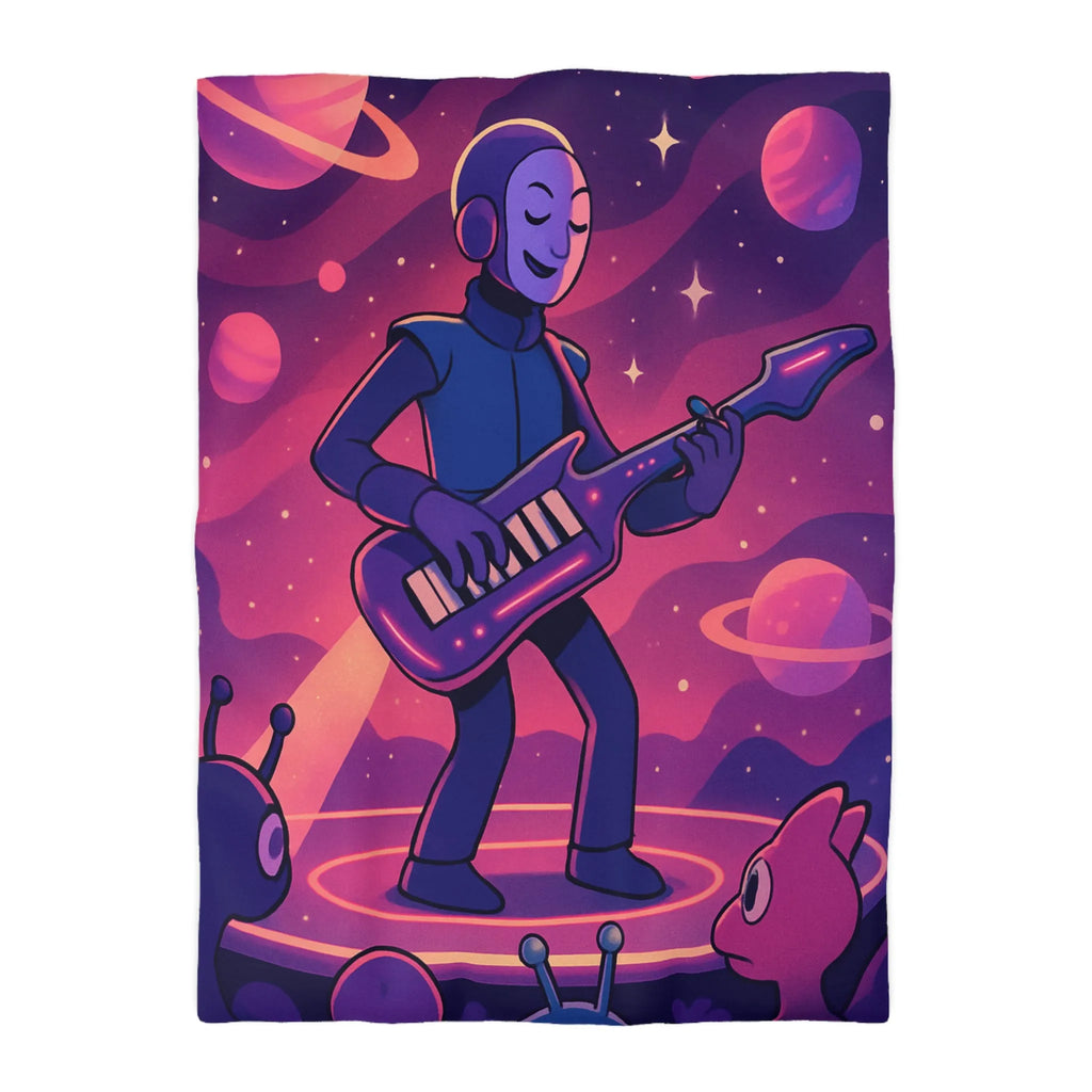 Housse de couette colorée avec astronaute jouant de la guitare dans l’espace cosmique magique