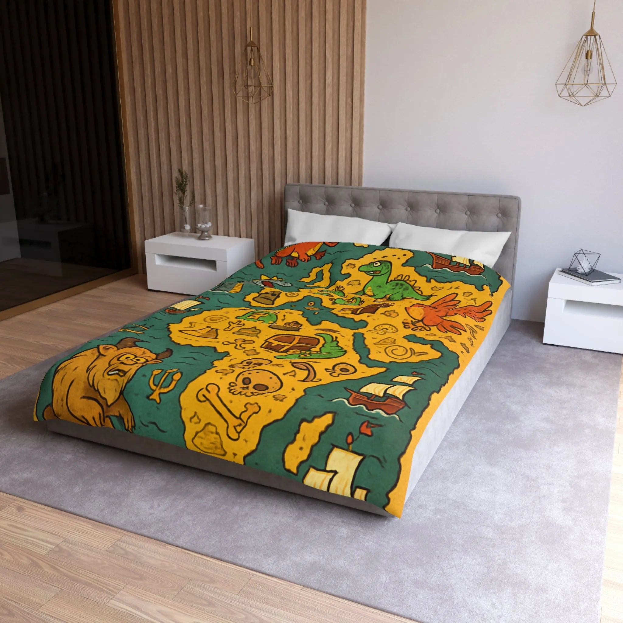 Housse de couette carte imaginaire avec dragons, dinosaures et trésors pour enfants aventuriers