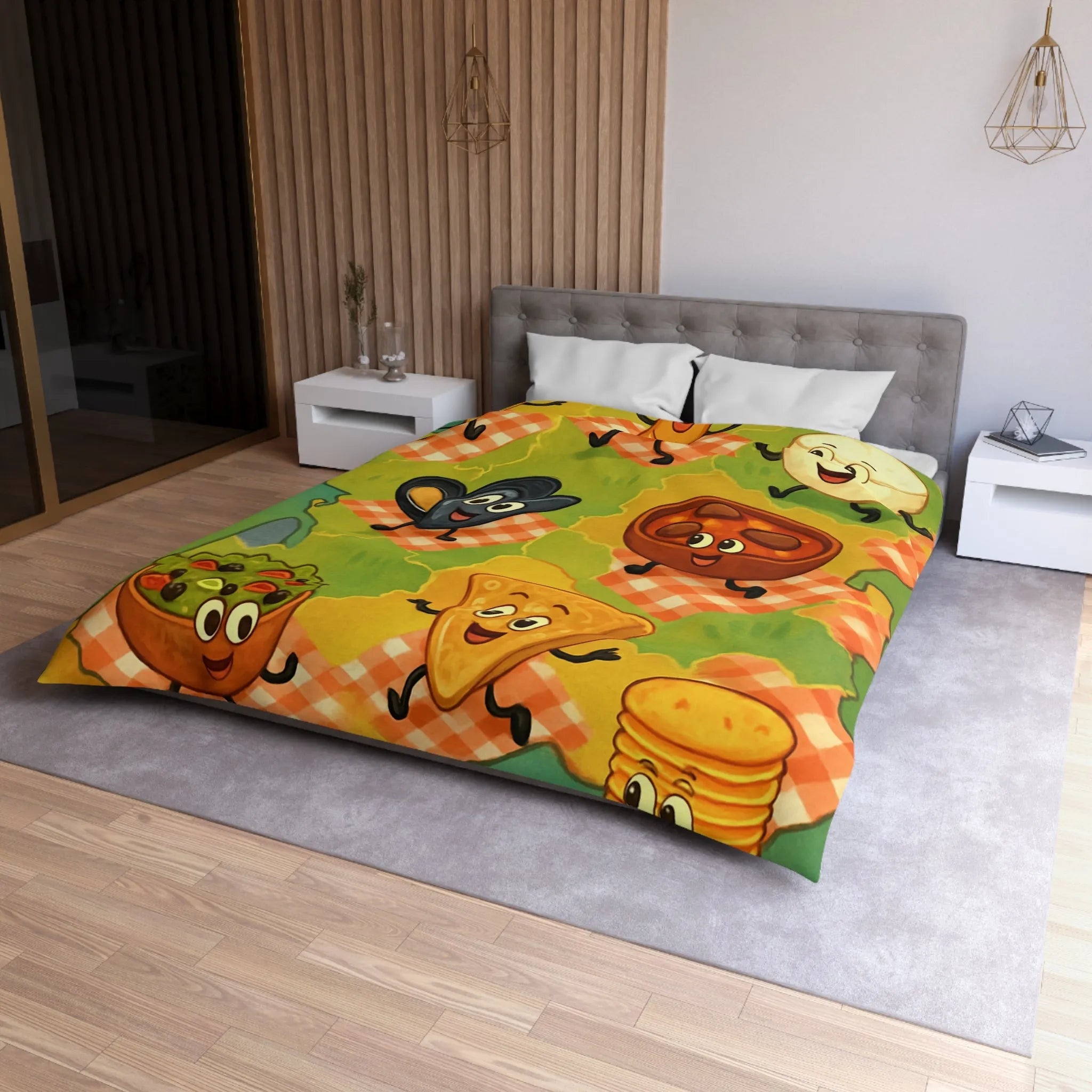 Housse de couette colorée avec motif ludique de spécialités culinaires françaises