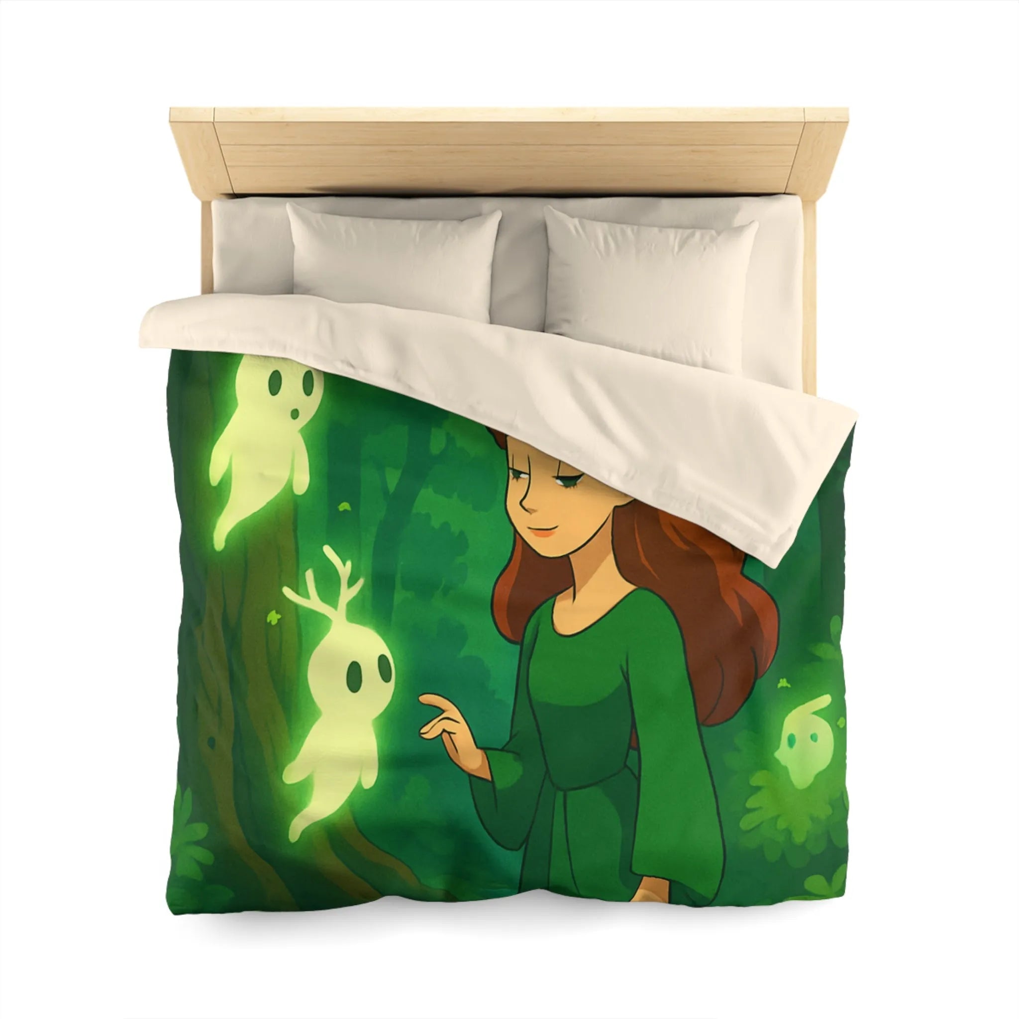 Housse de couette enchantée avec esprits lumineux dans une forêt mystérieuse et verdoyante