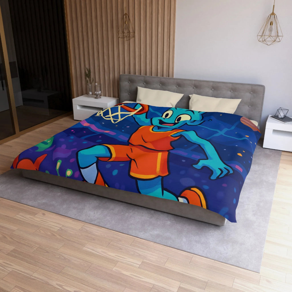 Housse de couette extraterrestre avec joueur de basket sous ciel planétaire coloré et vibrant