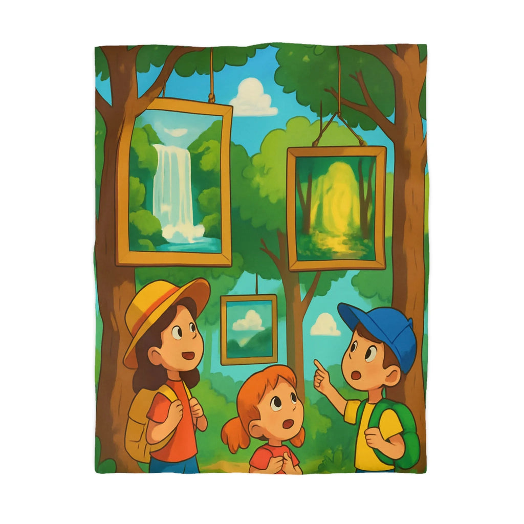 Housse de couette enfantine avec scène de forêt, cascades et exploration nature féérique