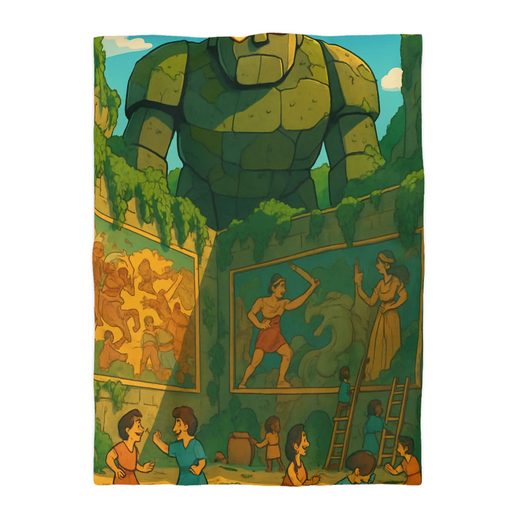 Enchantante parure de lit jardin fantastique avec golem géant et enfants joueurs colorés