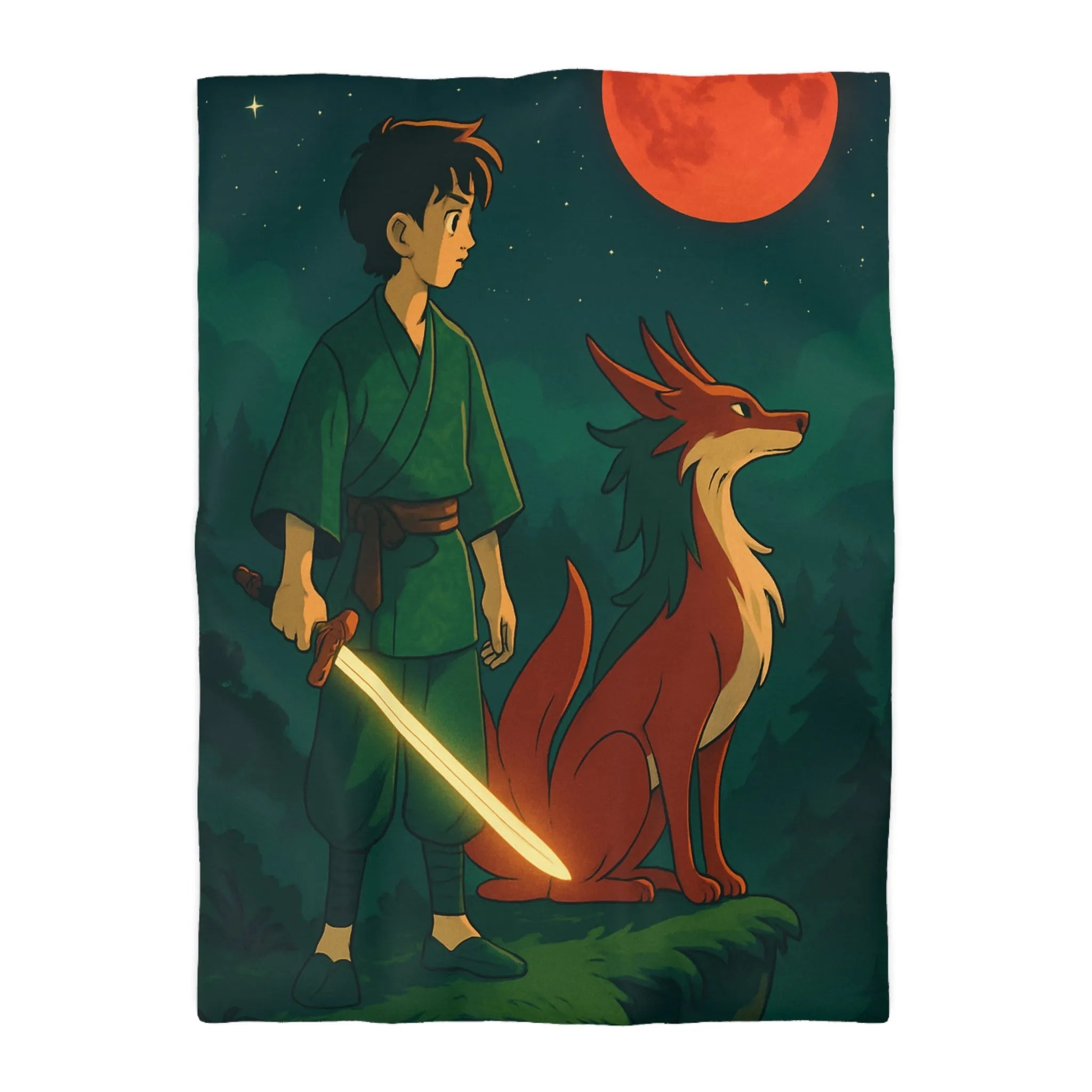 Housse de couette épique avec lune rouge, scène mystique et créature légendaire