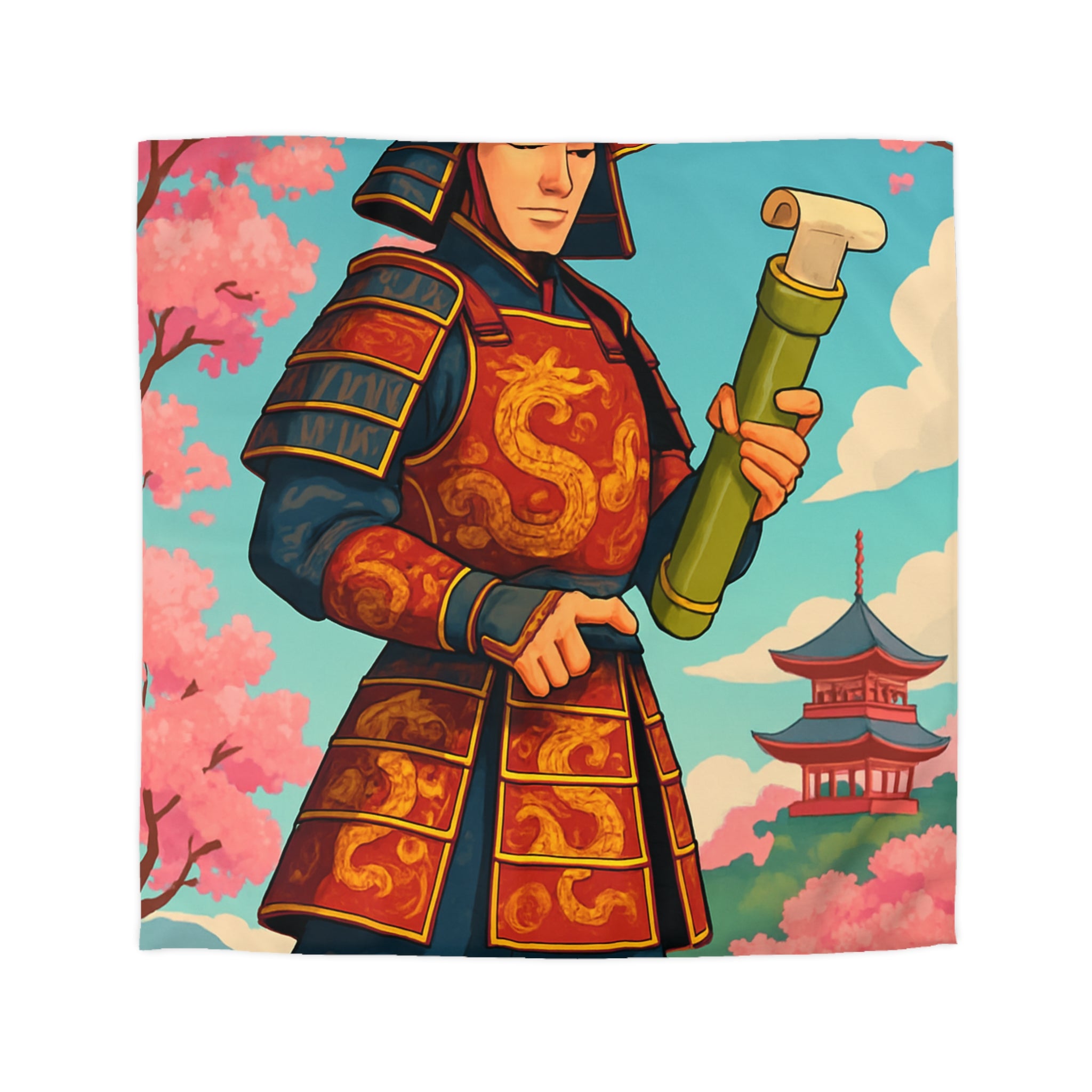 Housse de Couette Samouraï Japonais avec Armure Traditionnelle et Cerisiers en Fleurs