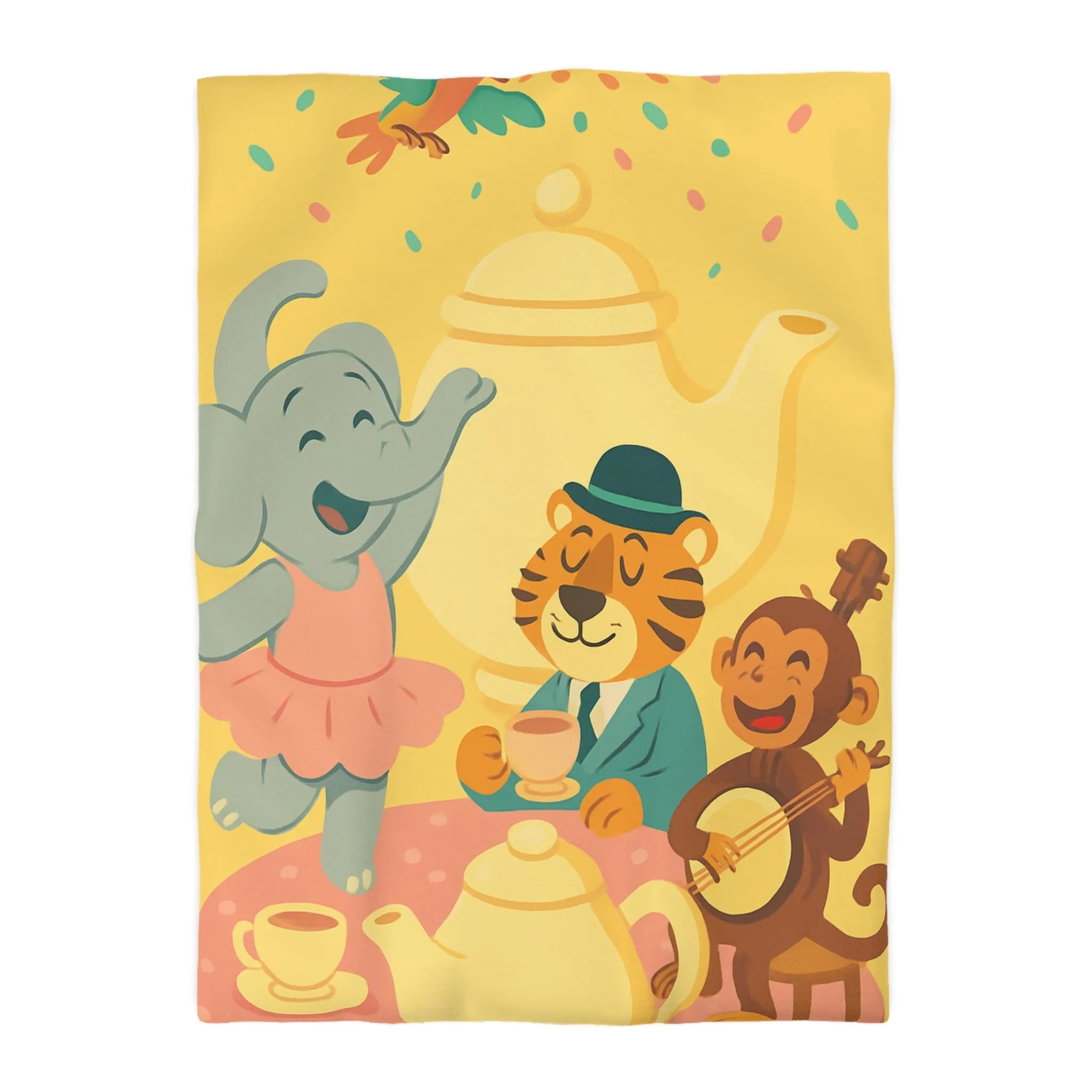 Housse de couette enfantine colorée avec éléphant, tigre et singe en fête joyeuse